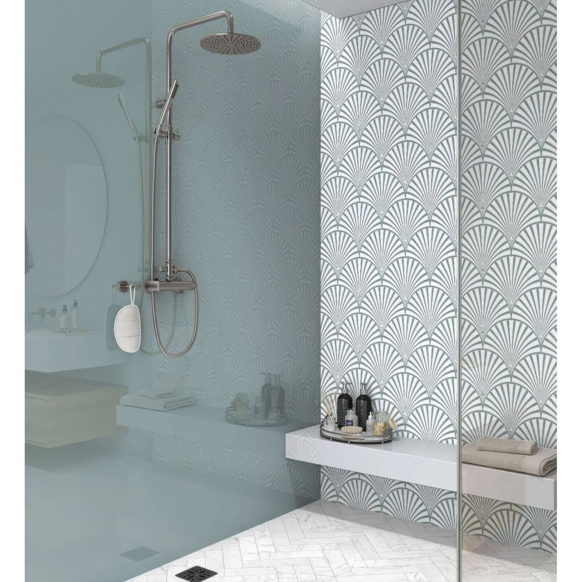 Art deco decorative fan shower panel with a sleek modern polished chrome circular showerhead design