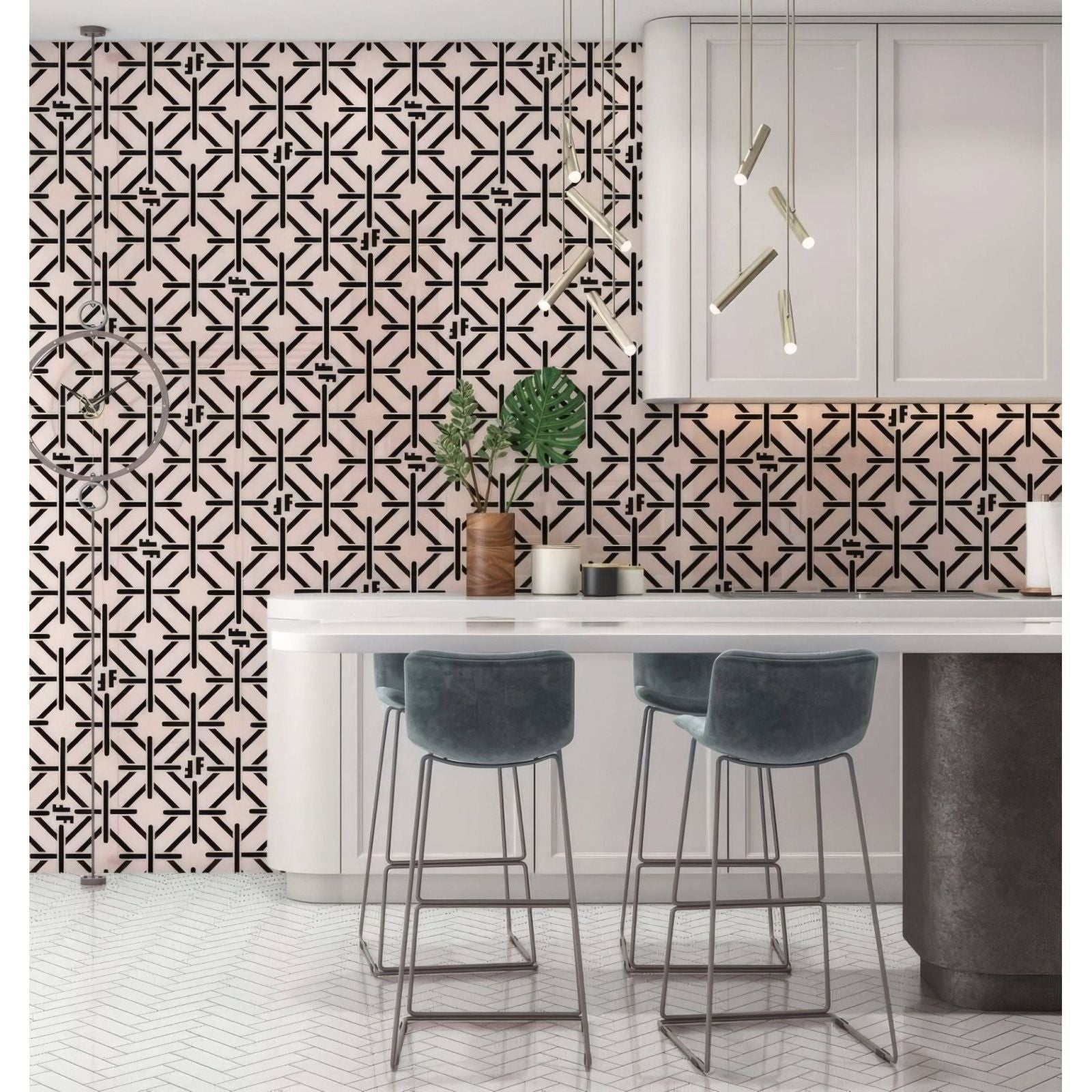 Art deco fashion pink black shower panel with black and white geometric star patterned wallpaper design