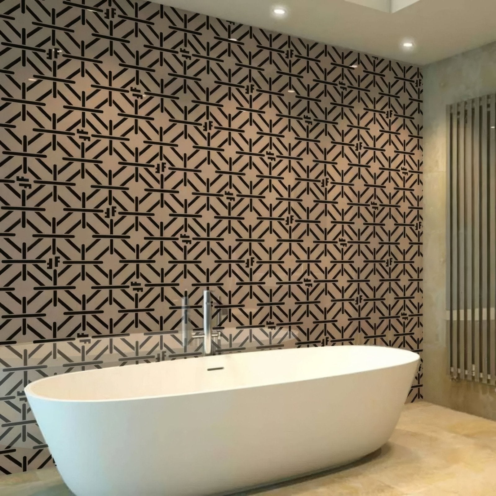 White freestanding bathtub with sleek modern design paired with art deco fashion pink black shower panel