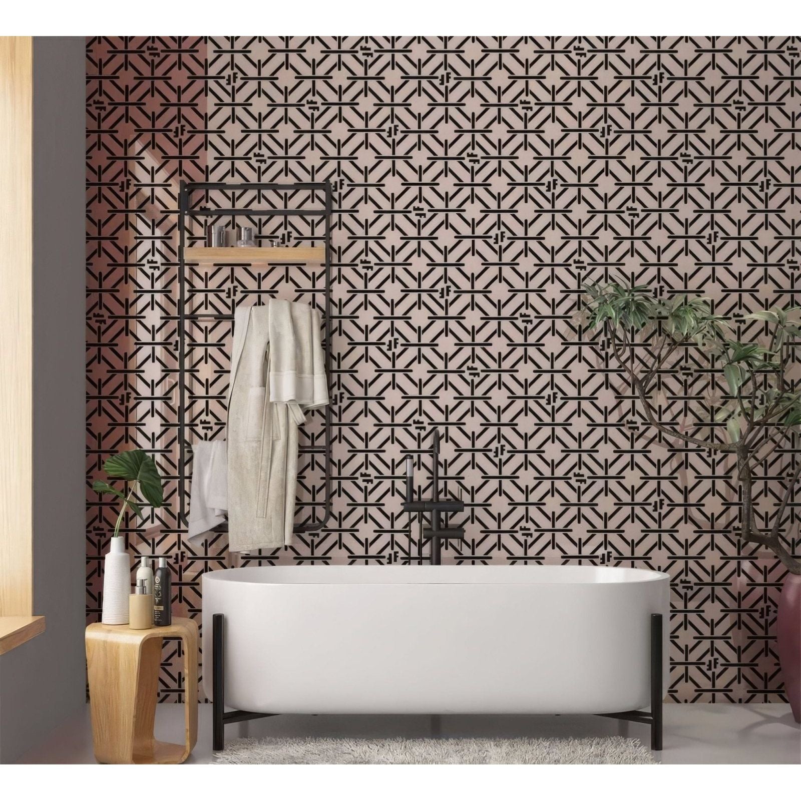Modern white freestanding bathtub with sleek black metal legs and matching faucet against geometric wallpaper