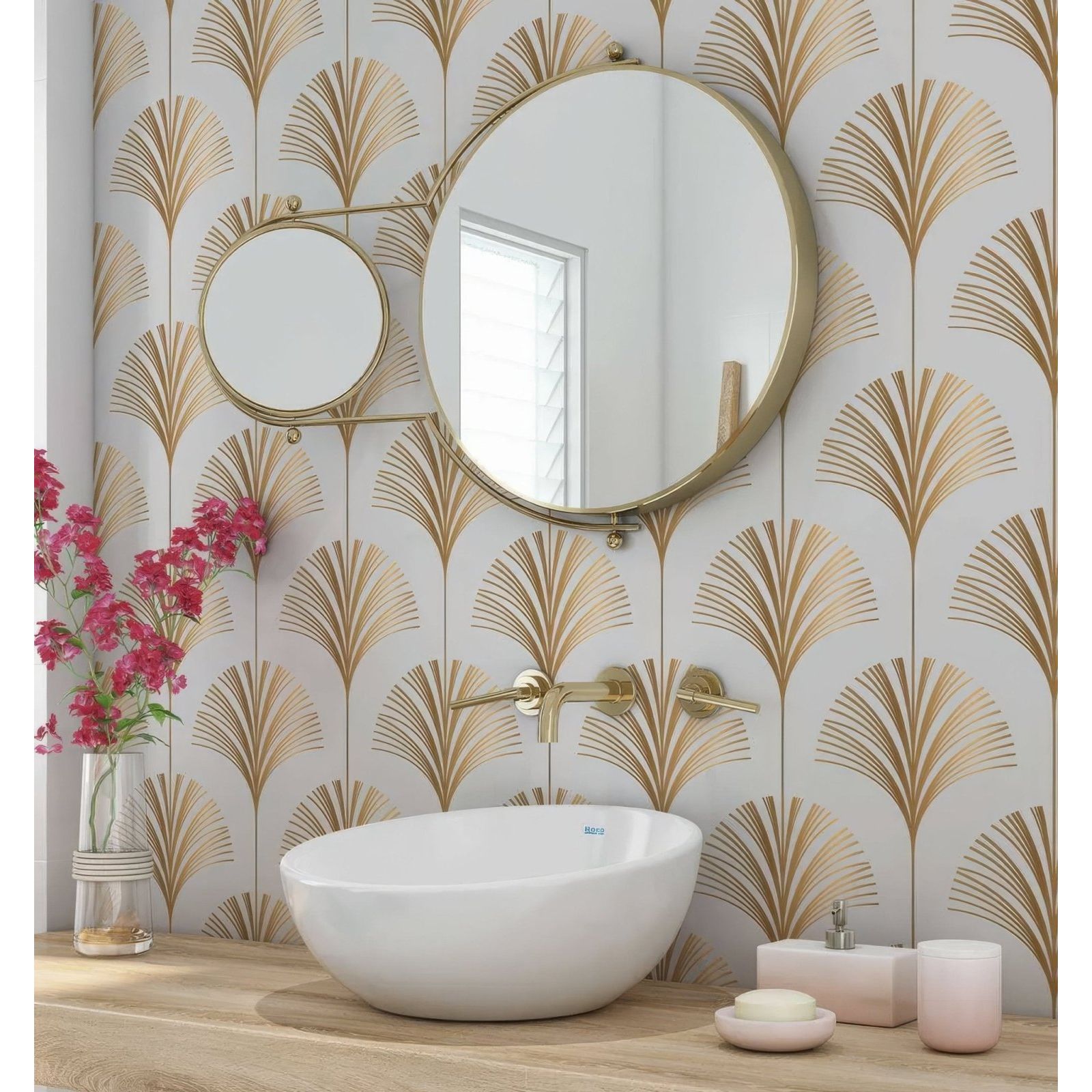 Gold-framed round bathroom mirror with smaller circular magnifying mirror on adjustable arm for art deco palm martini shower panel