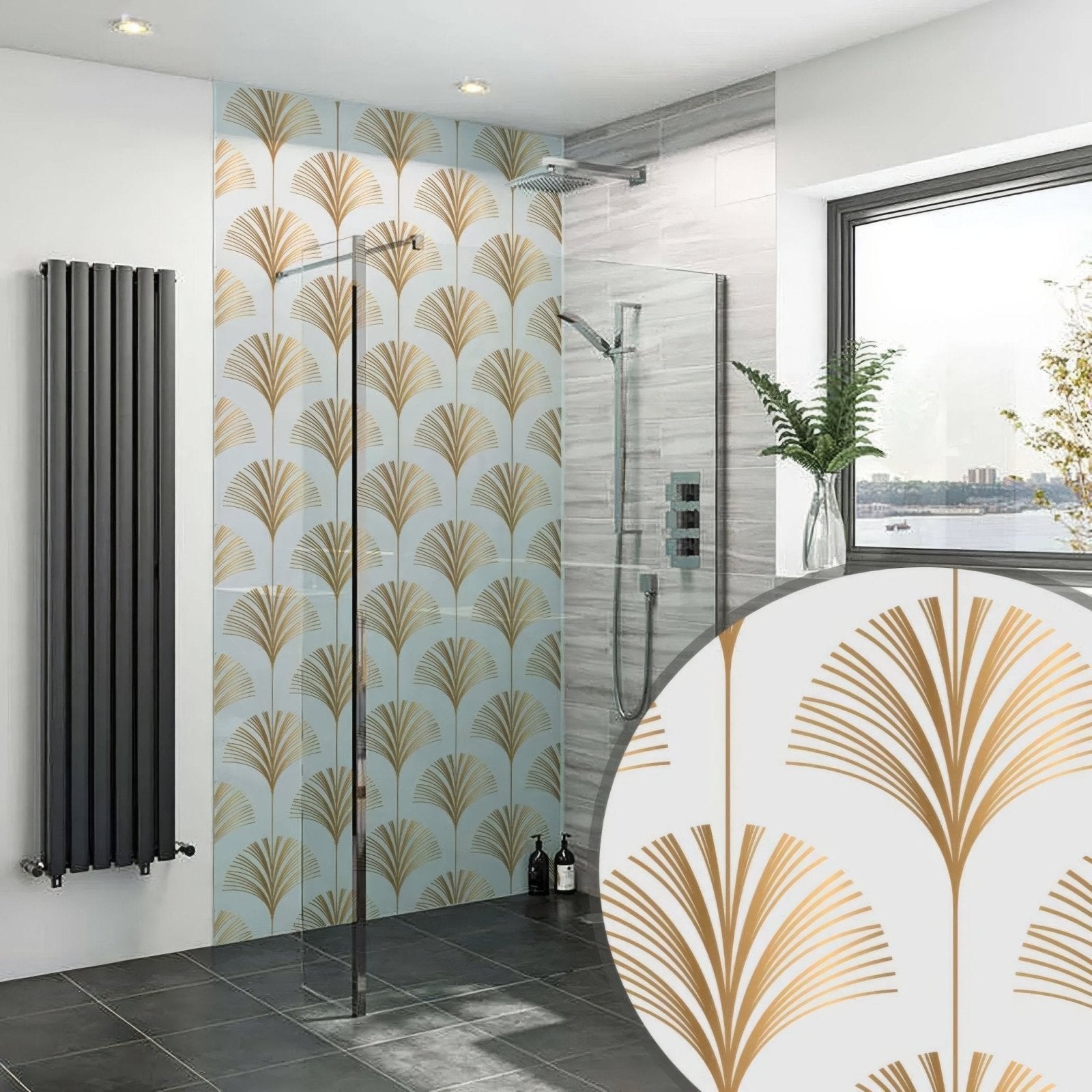 Art deco palm martini shower panel with gold fan-shaped patterned wallpaper on a light blue background