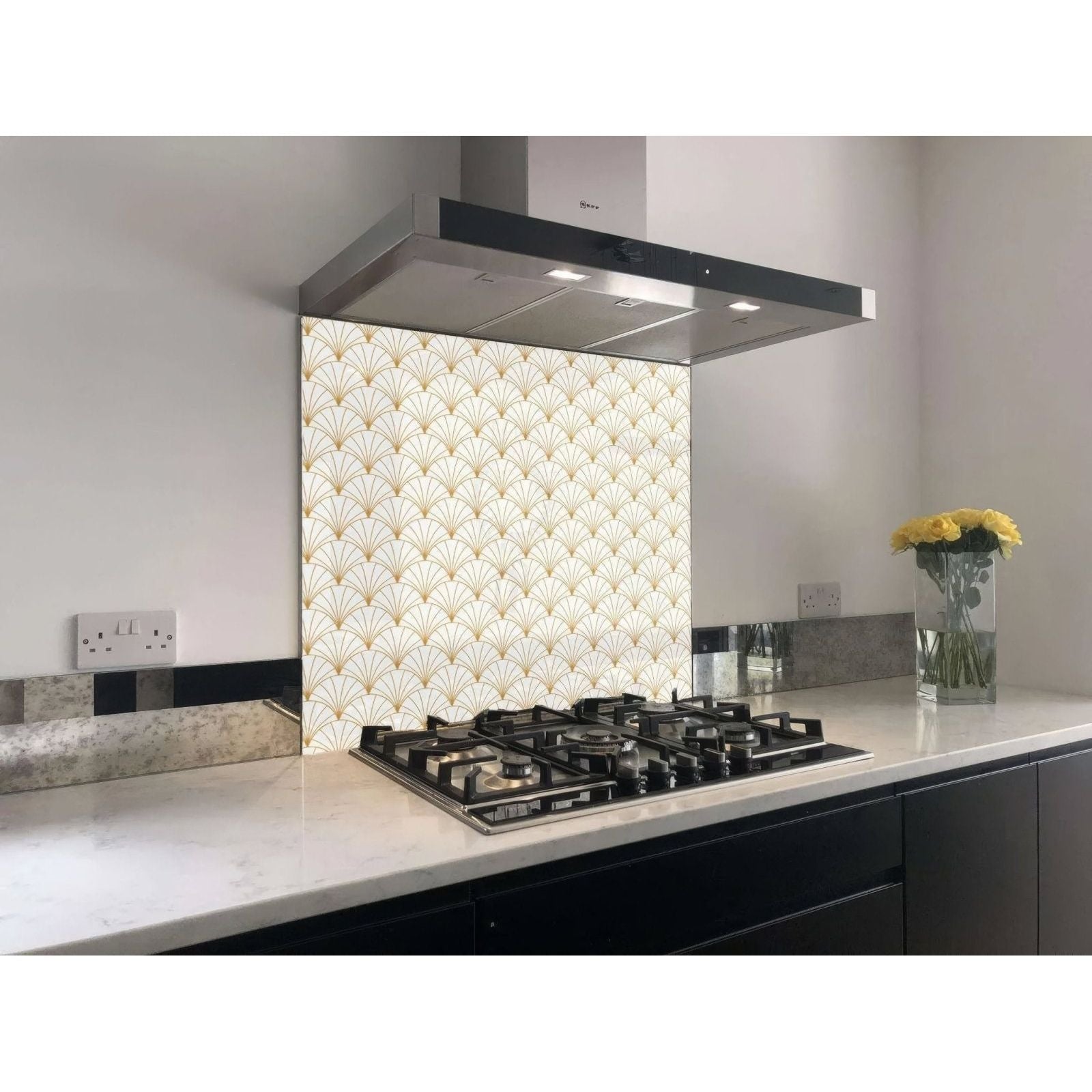 Gold and white geometric patterned glass kitchen backsplash from art deco sunrise fan shower panel design