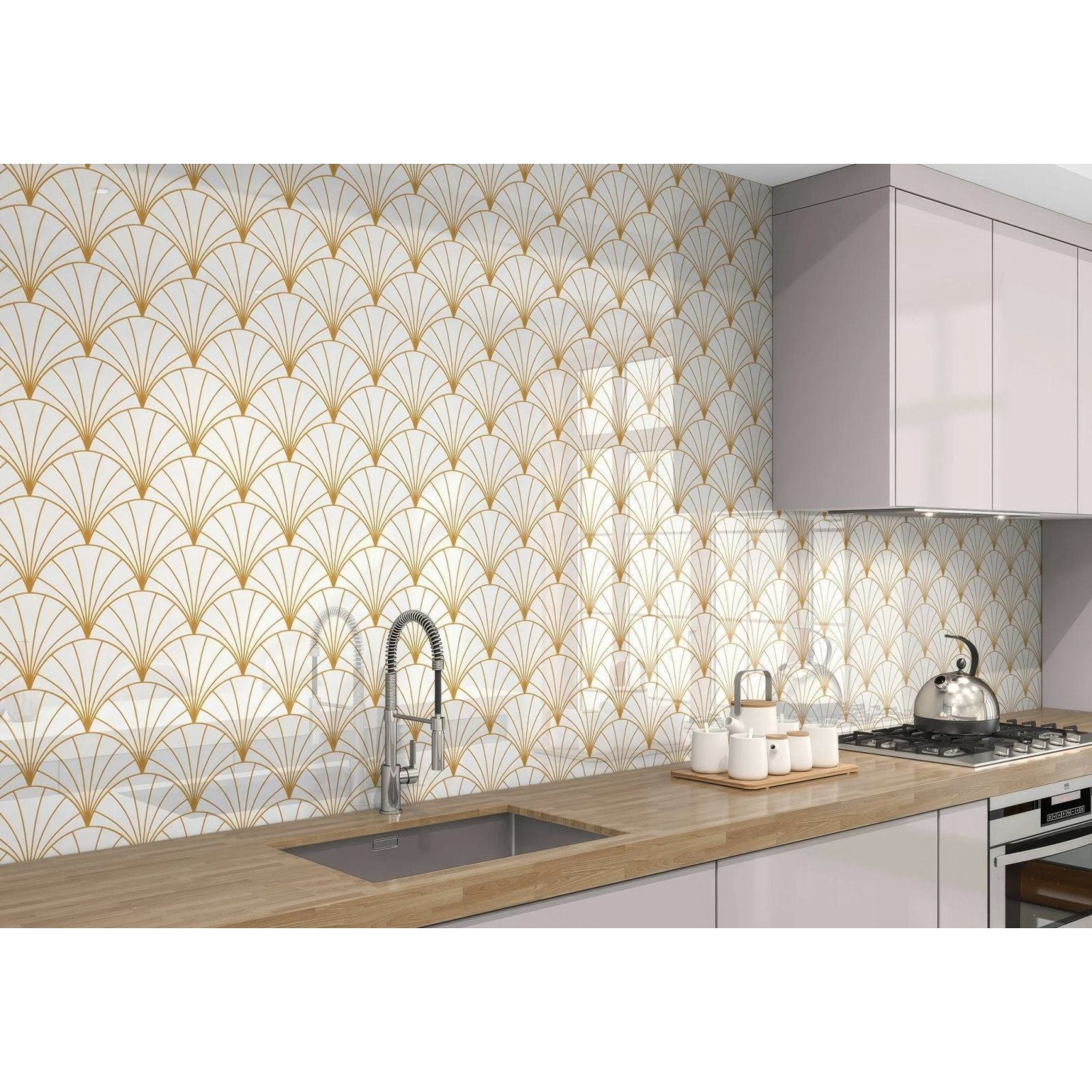 Gold and white fan-shaped mosaic tile backsplash in art deco sunrise fan shower panel design