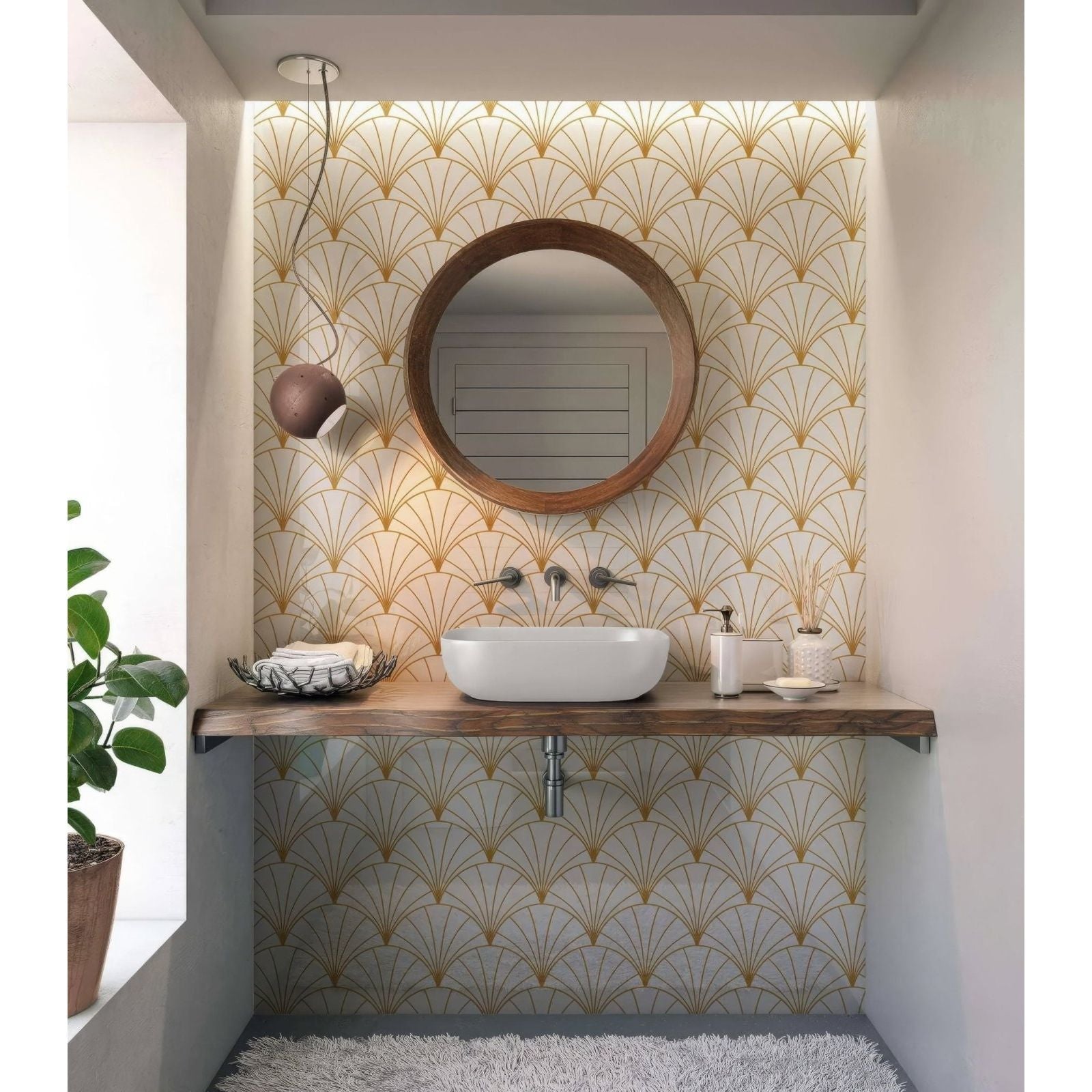 White ceramic vessel sink with sleek modern design on rustic wooden countertop for art deco sunrise fan shower panel