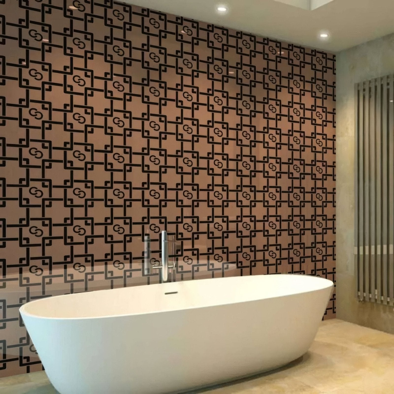 White freestanding bathtub with sleek modern design and chrome faucet against black gucci logo wall panel
