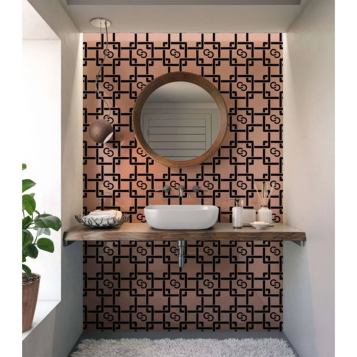 Circular wooden-framed mirror with sleek minimalist design featured in art deco trendsetter shower panel product
