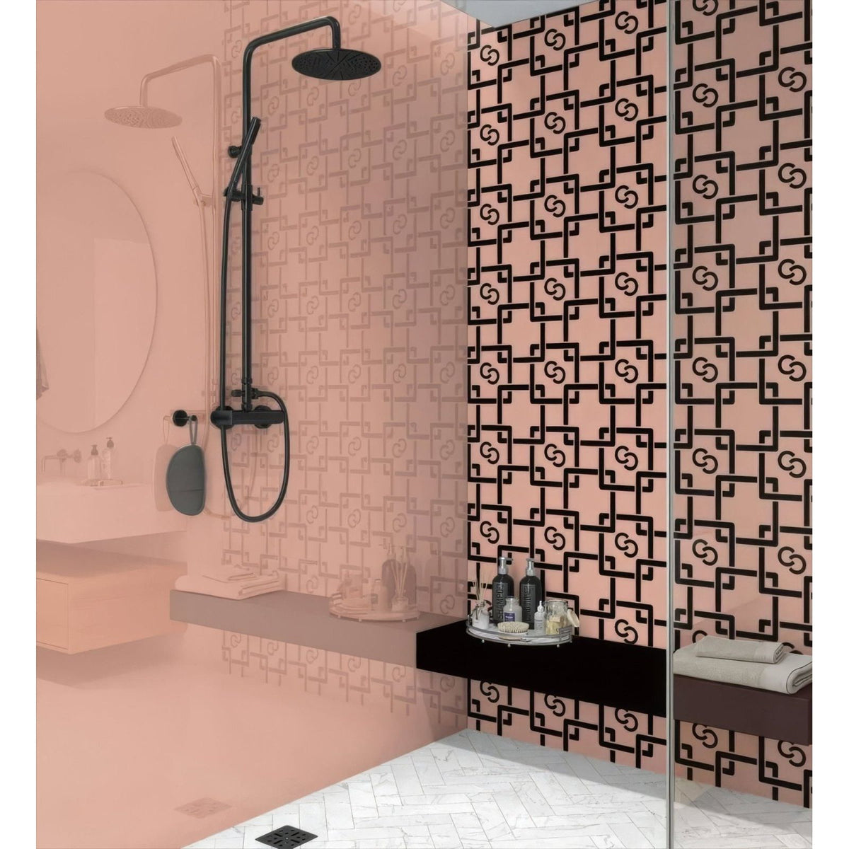 Black matte-finished art deco trendsetter shower panel with curved arm and circular head mounted on matching faucet system