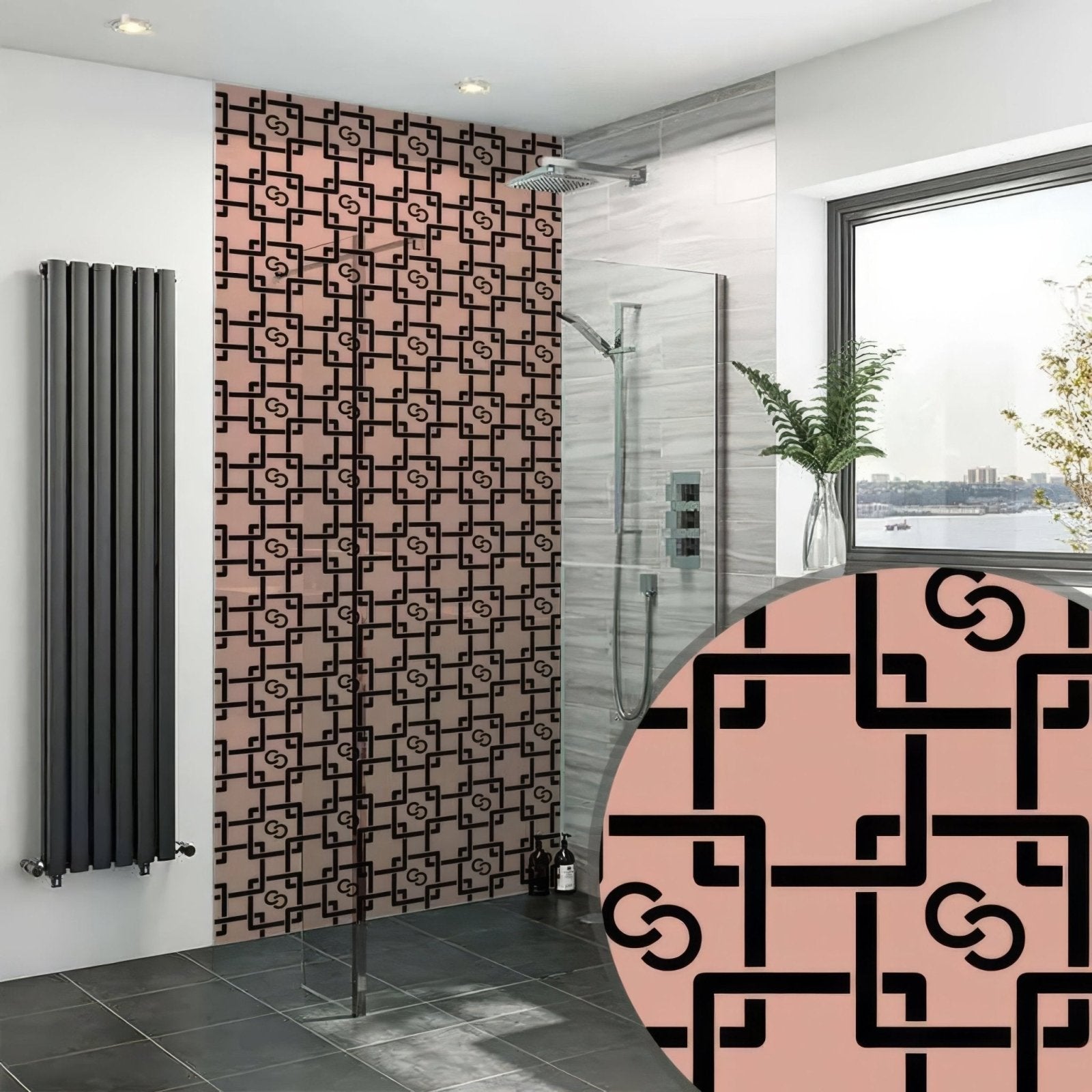 Art deco trendsetter shower panel with a pink wall featuring a black interlocking g logo pattern