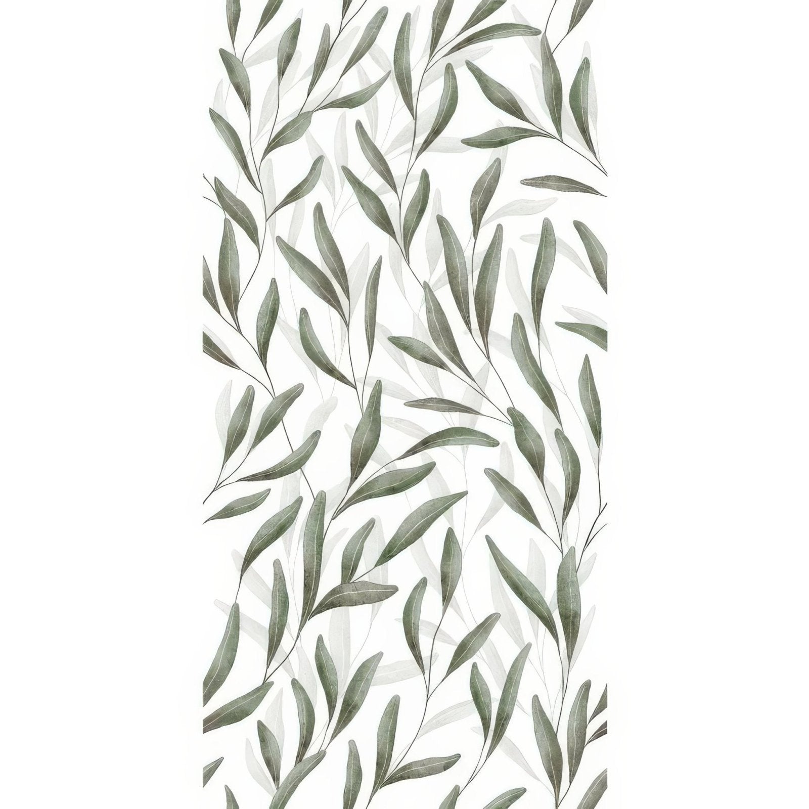 Elegant vertical arts and crafts willow wallpaper 60x30cm with delicate overlapping green leaves and subtle gray outlines