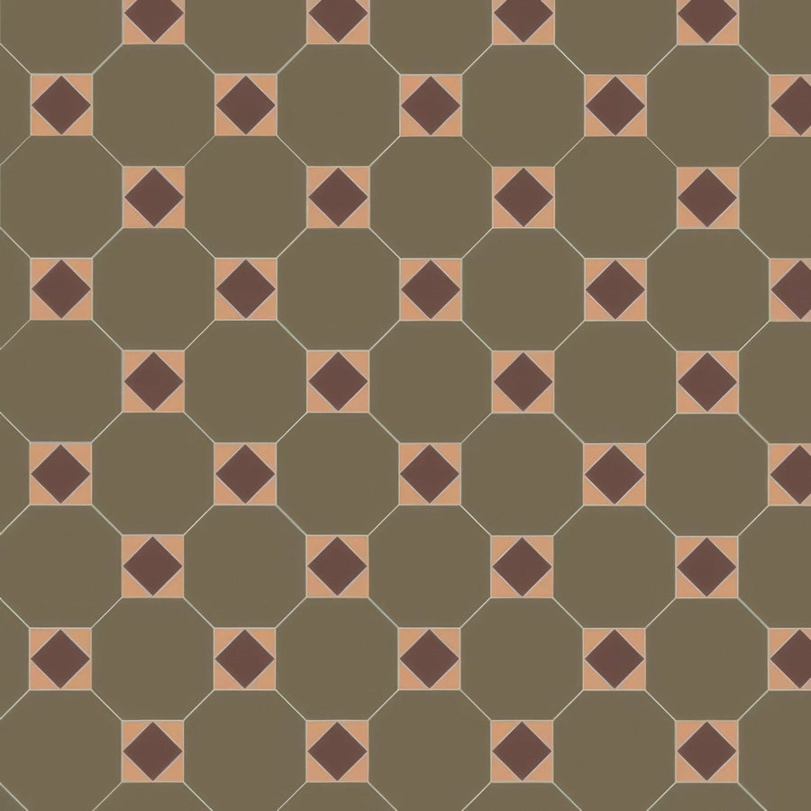 Arundel brown buff and green olive green hexagonal floor tile with brown diamond accents and beige borders repeating pattern