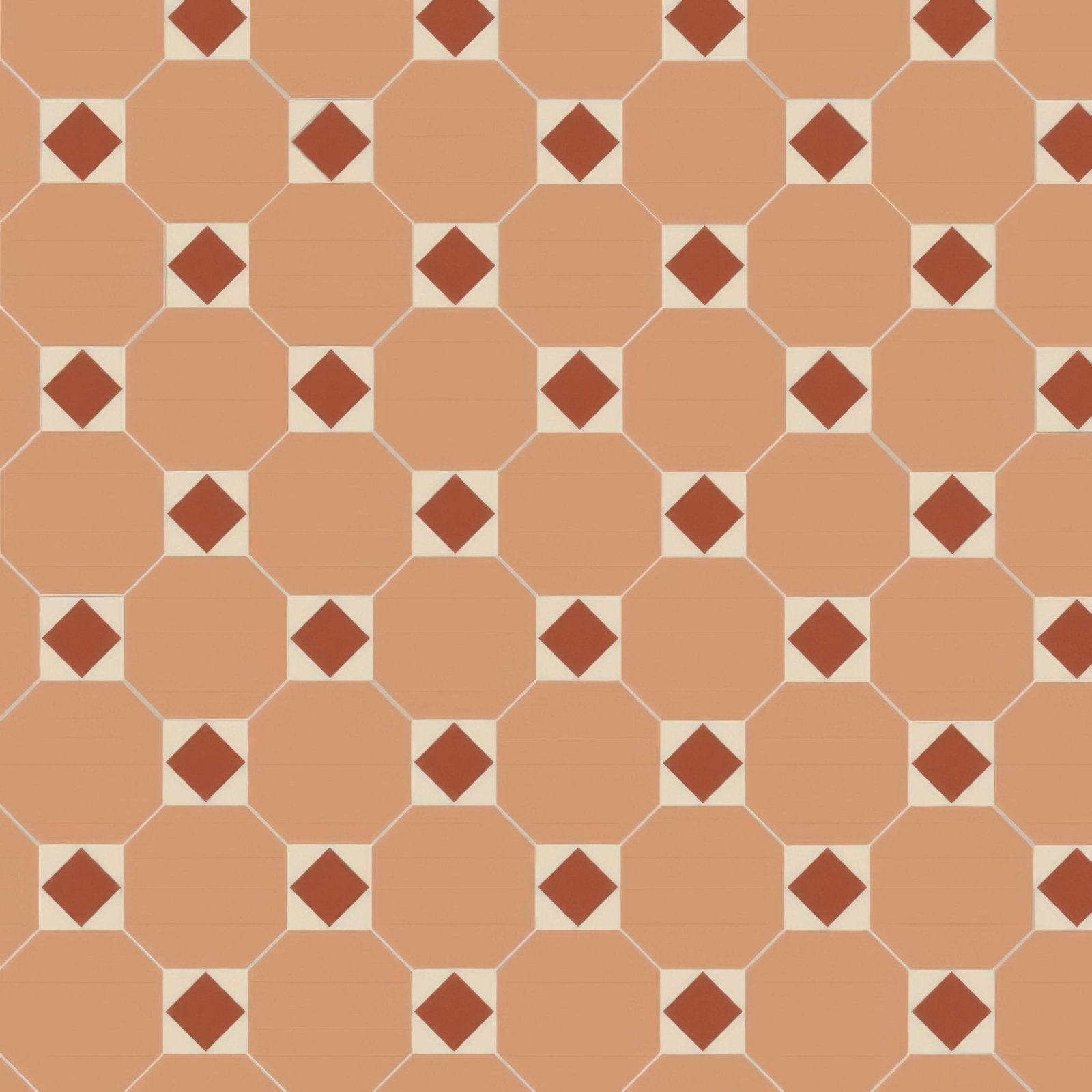 Arundel buff red and white terracotta hexagonal floor tiles with reddish brown diamond accents and cream grout