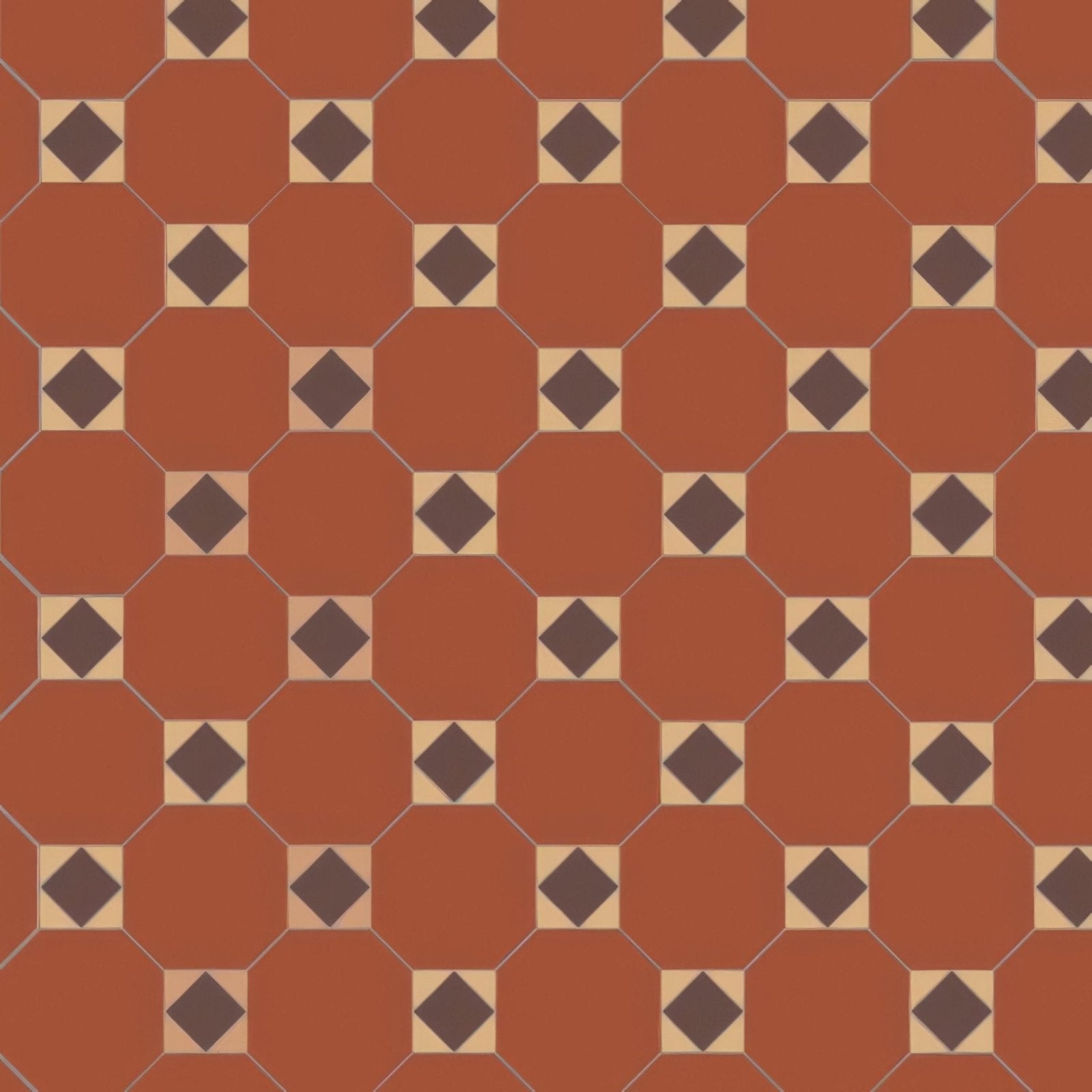 Hexagonal terracotta floor tiles in arundel red brown and white with dark brown diamond pattern in cream squares