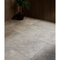Beige stone-effect ascoli porcelain grigio floor tiles 40 x 60cm with subtle textured surface for indoor use
