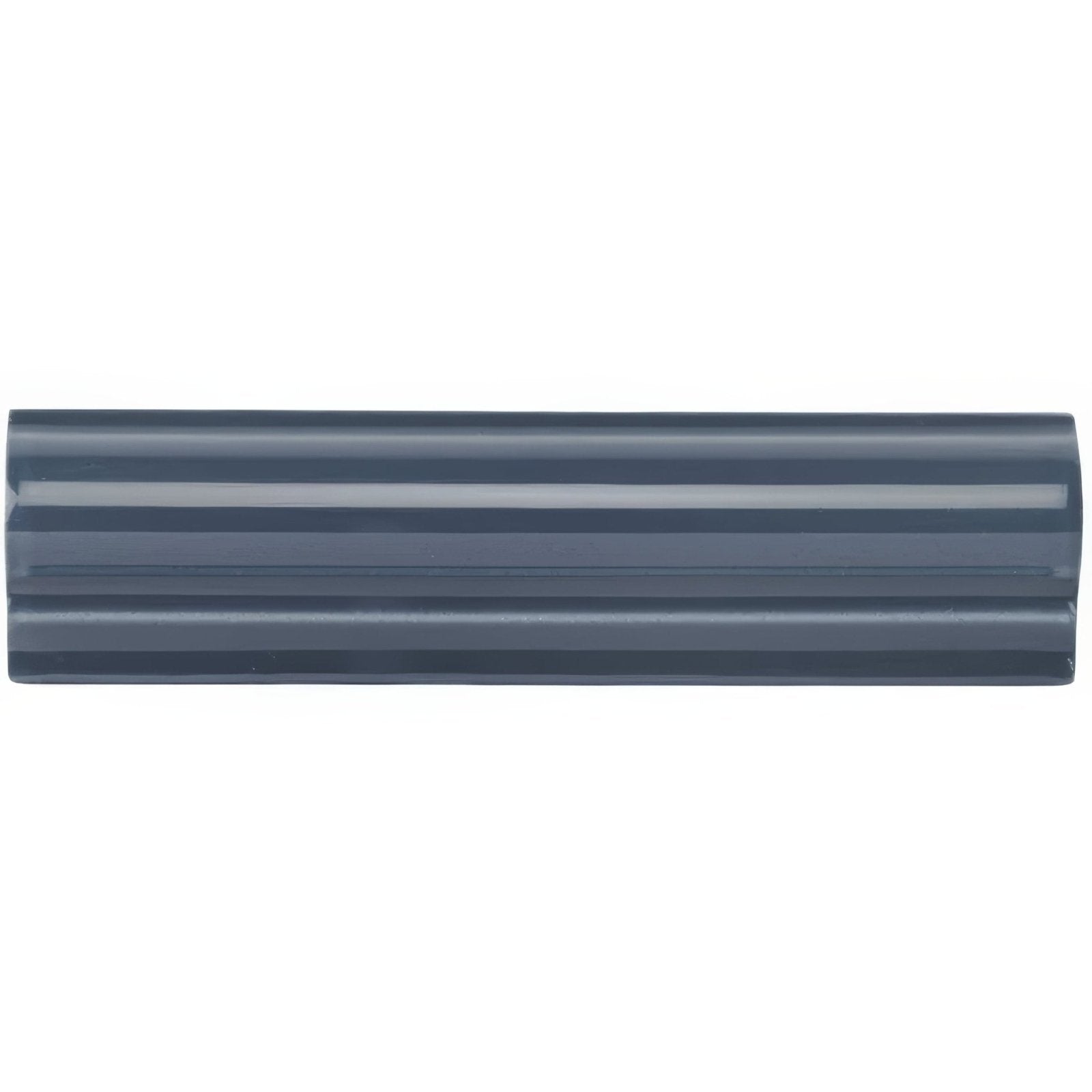 Dark gray ascot blue albert moulding ceramic tile with glossy finish and horizontal ridges
