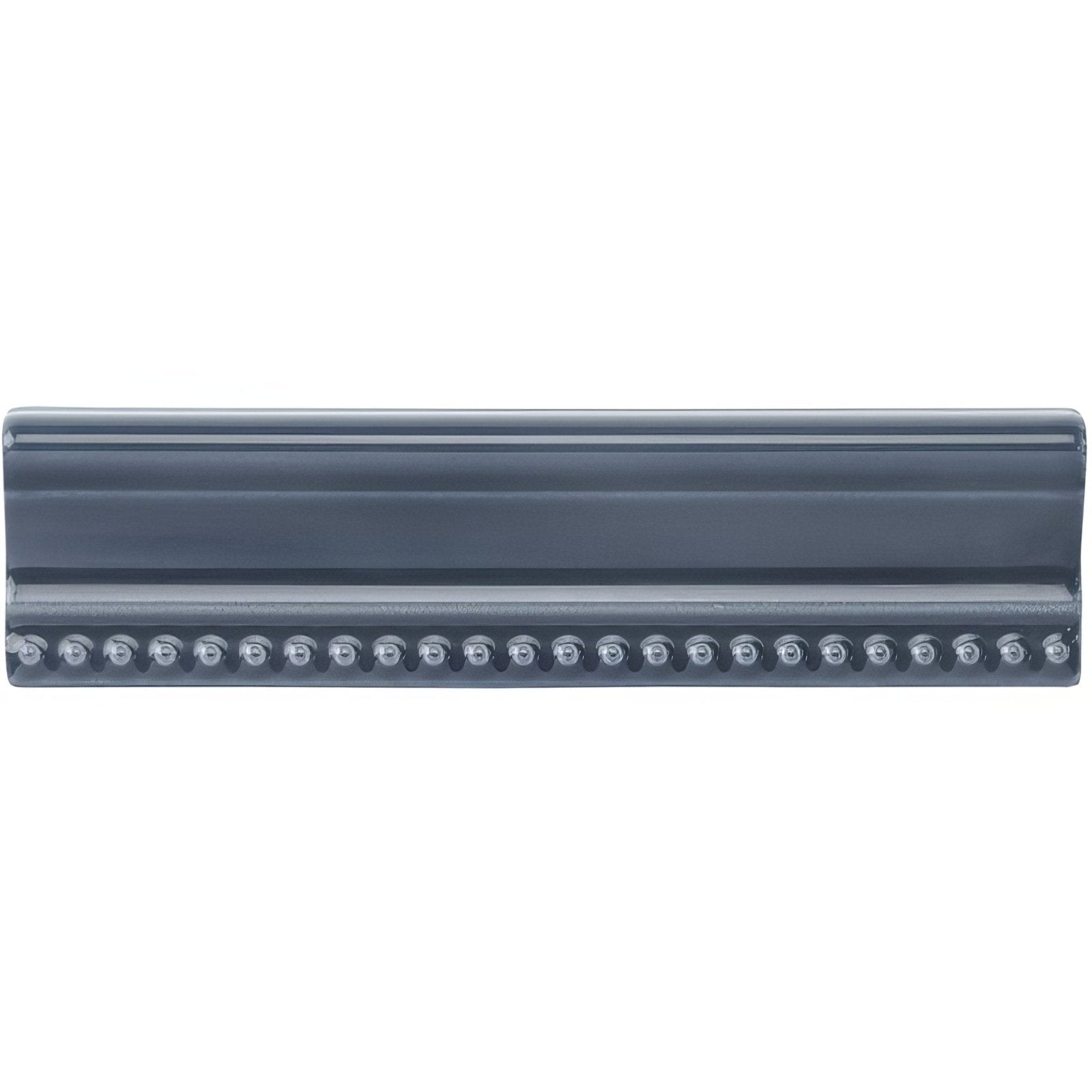 Dark gray ascot blue hogarth moulding ceramic tile with smooth glossy finish and two rows of metallic studs