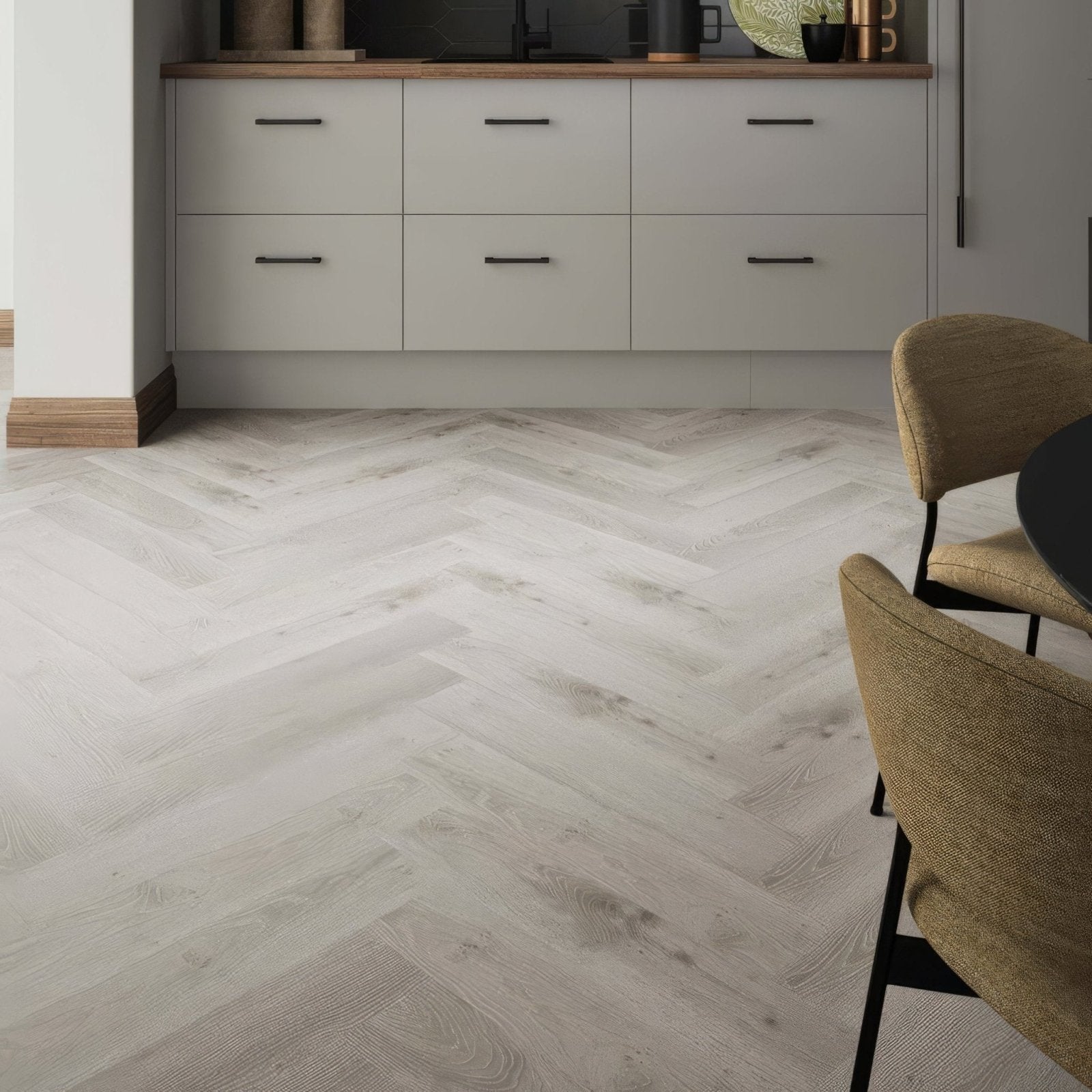Light gray ashdown limed oak herringbone wood look floor planks with a textured pattern for stylish interiors