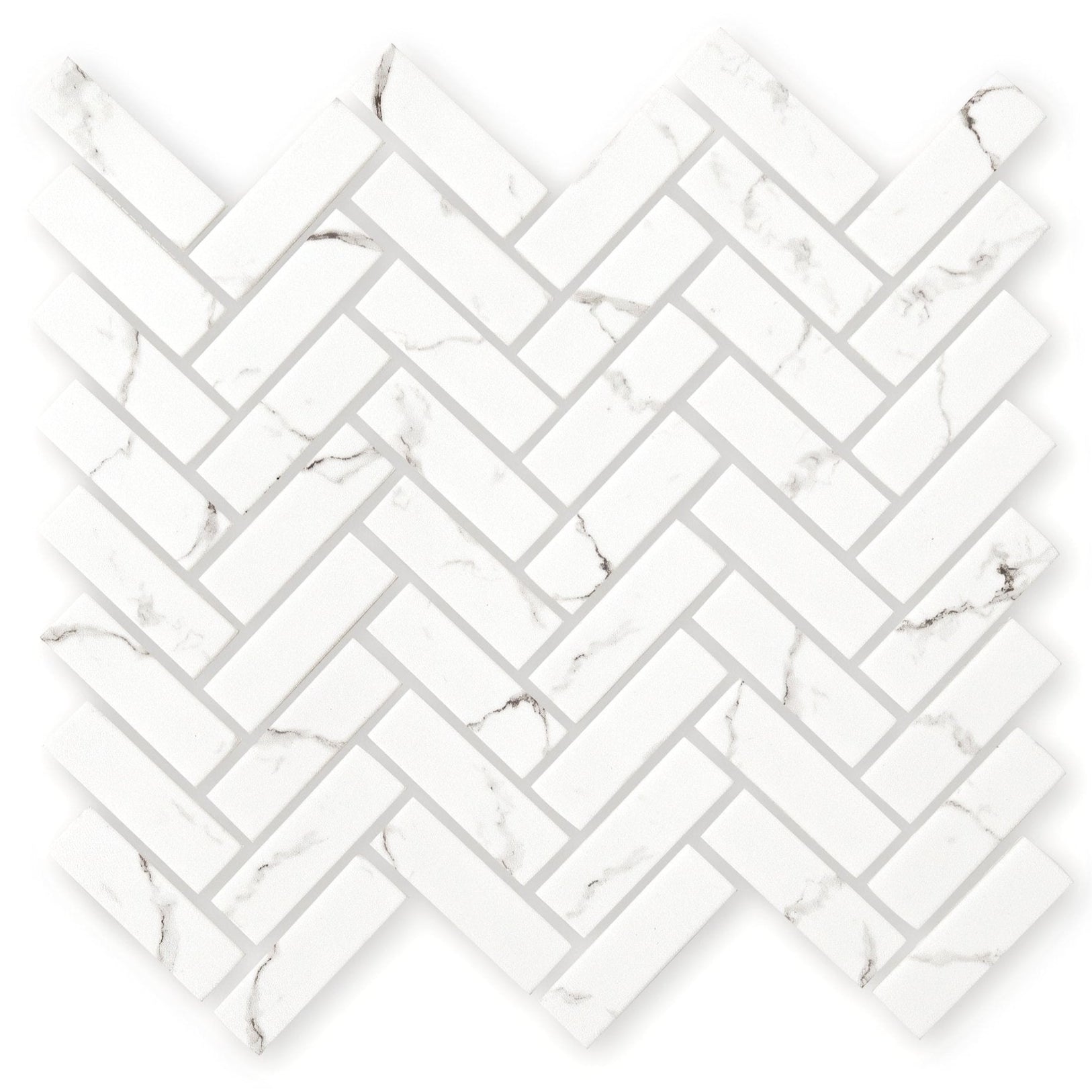 White marble Aspen herringbone mosaic tile with subtle gray veining in a classic herringbone pattern