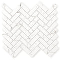 White marble Aspen herringbone mosaic tile with subtle gray veining in a classic herringbone pattern