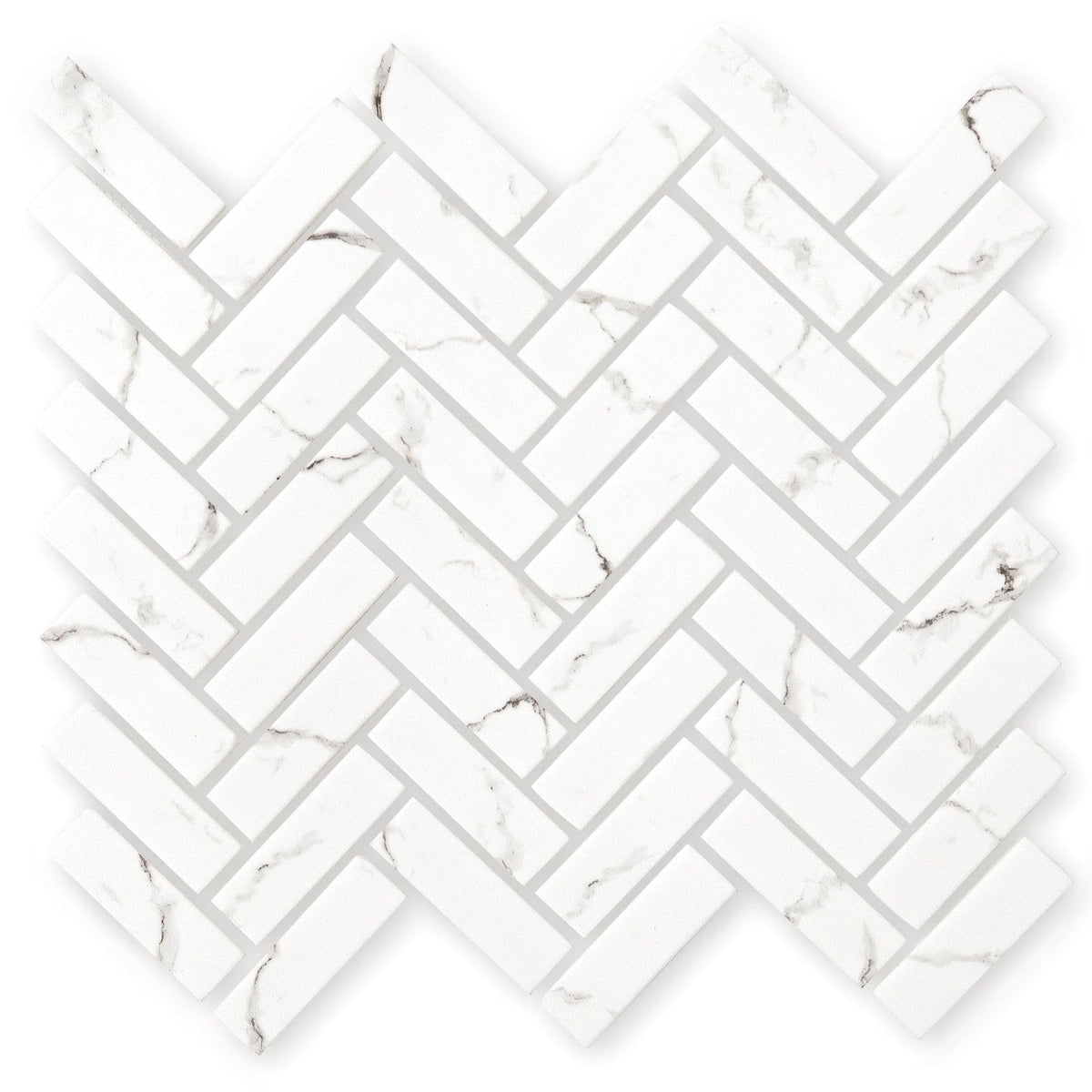 White marble Aspen herringbone mosaic tile with subtle gray veining in a classic herringbone pattern