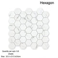 Aspen hexagon mosaic white tile with subtle gray marble veining pattern for elegant wall and floor design