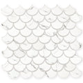 Aspen scallop mosaic white marble fish-scale tile with subtle gray veining for wall and floor applications
