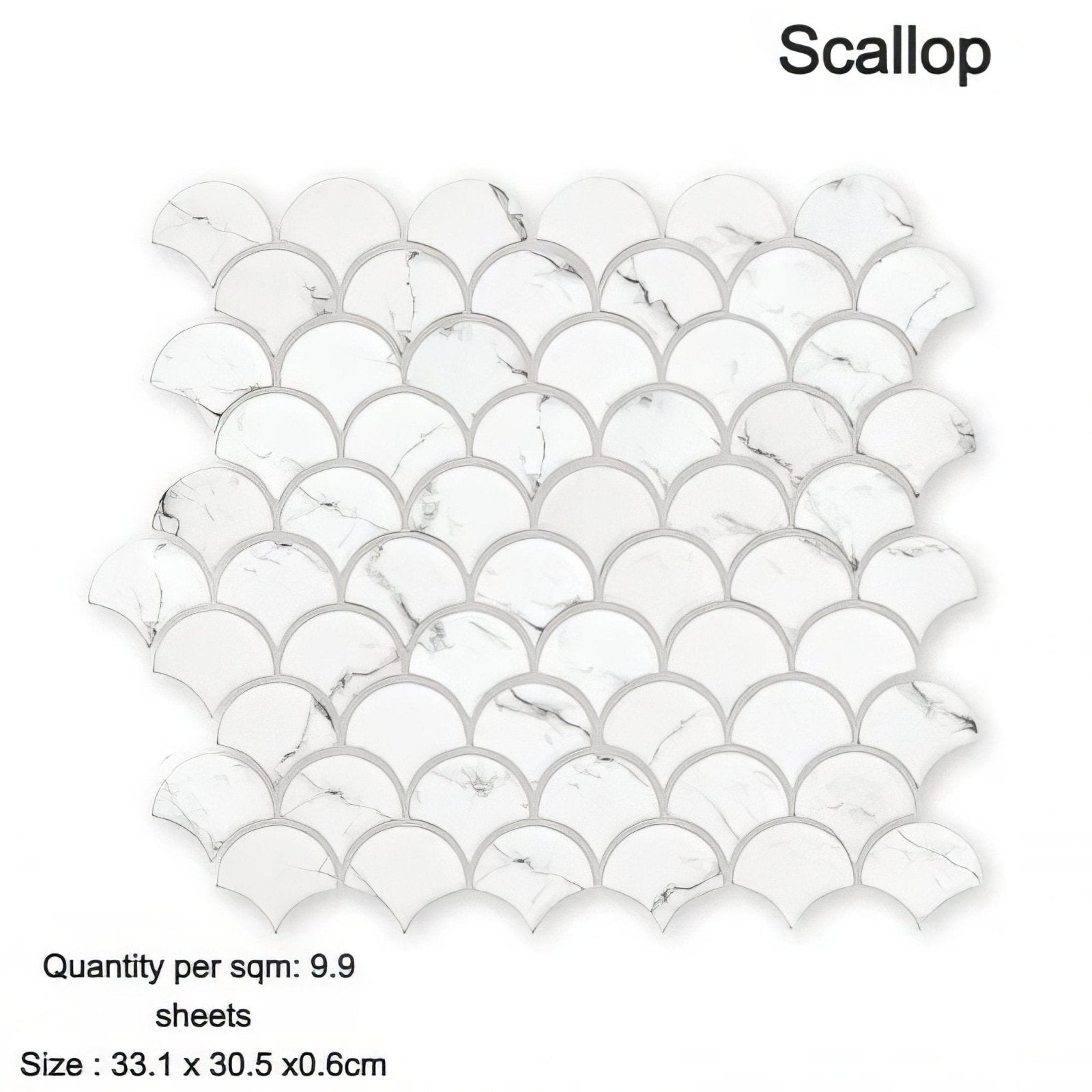 White marble scallop mosaic tiles with subtle gray veining in the Aspen Scallop Mosaic design