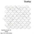 White marble scallop mosaic tiles with subtle gray veining in the Aspen Scallop Mosaic design