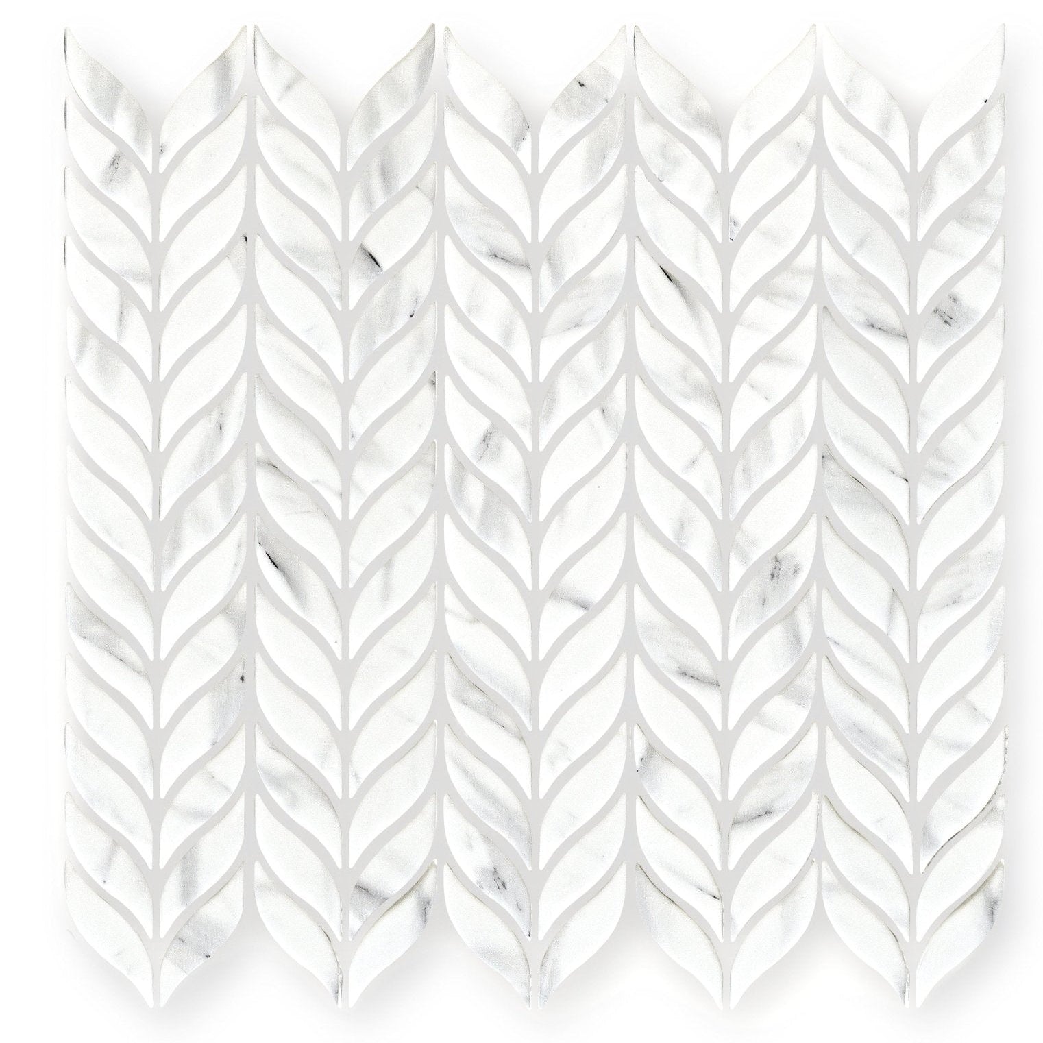 Aspen Willow leaf mosaic white marble tile with a leafy chevron pattern for decorative wall and floor use
