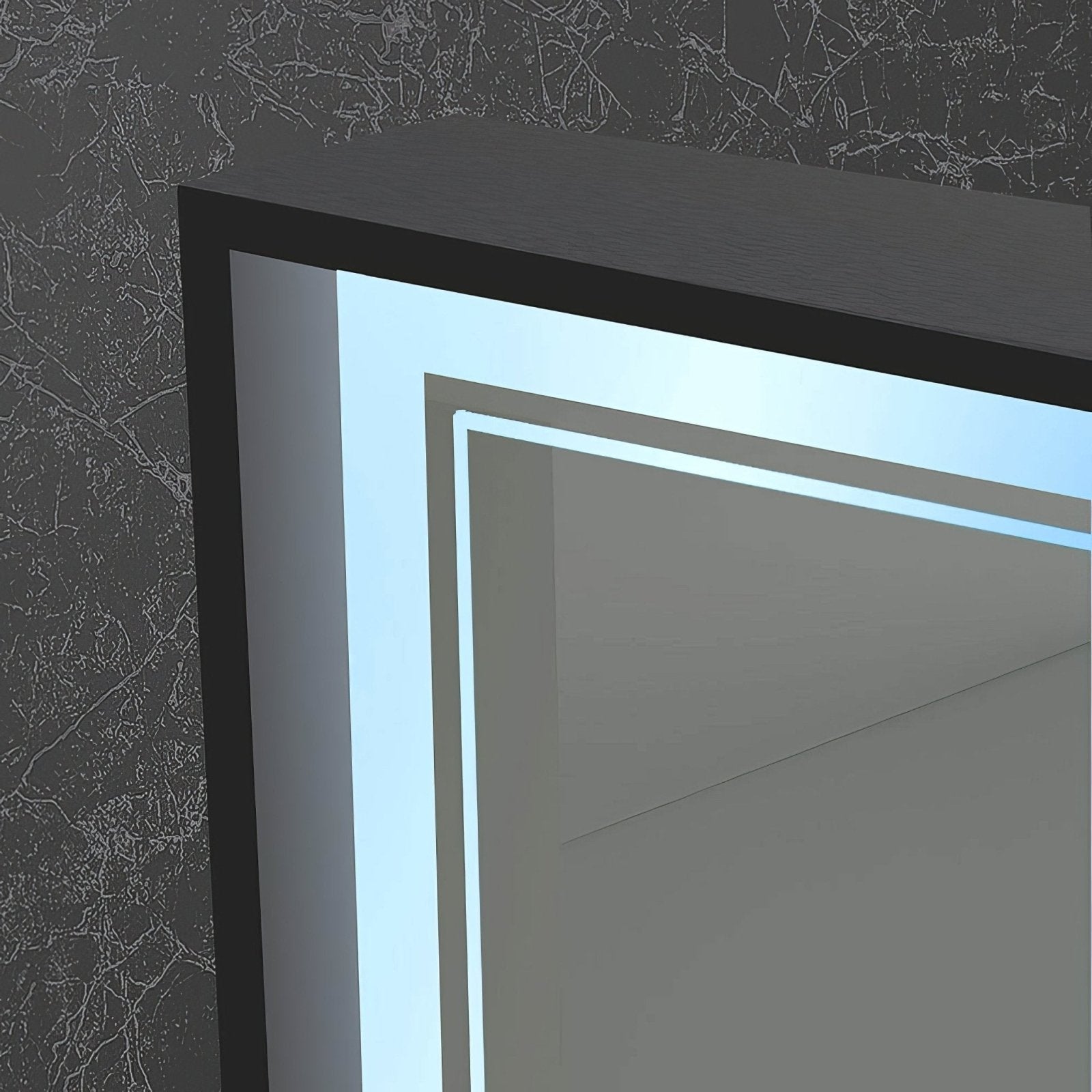 Modern black-framed astoria mirror 140 with sleek illuminated edge emitting soft blue light