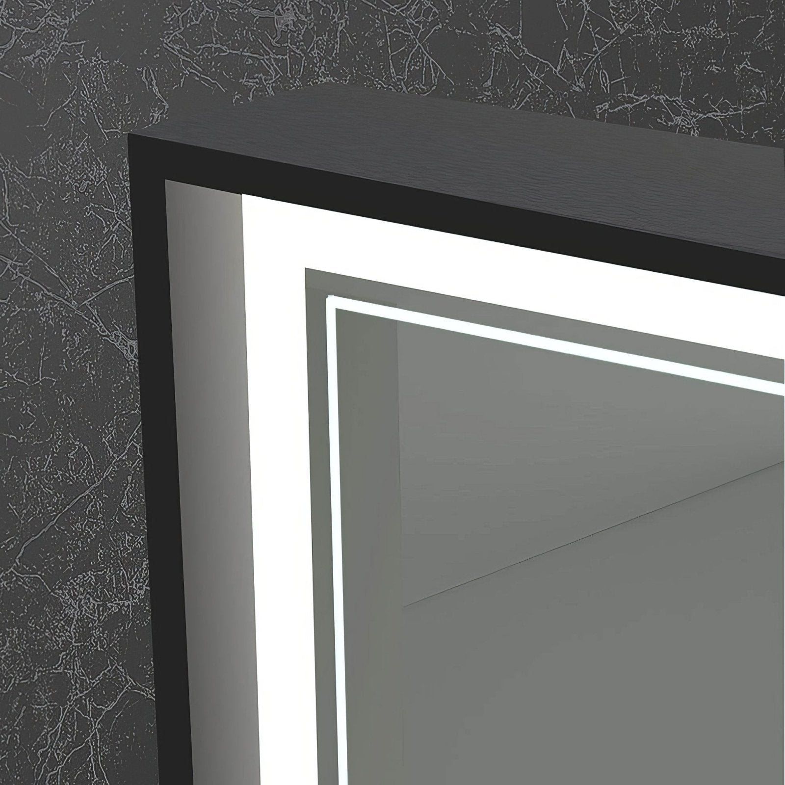Modern black-framed bathroom mirror astoria mirror 140 black with sleek illuminated led lighting along edges