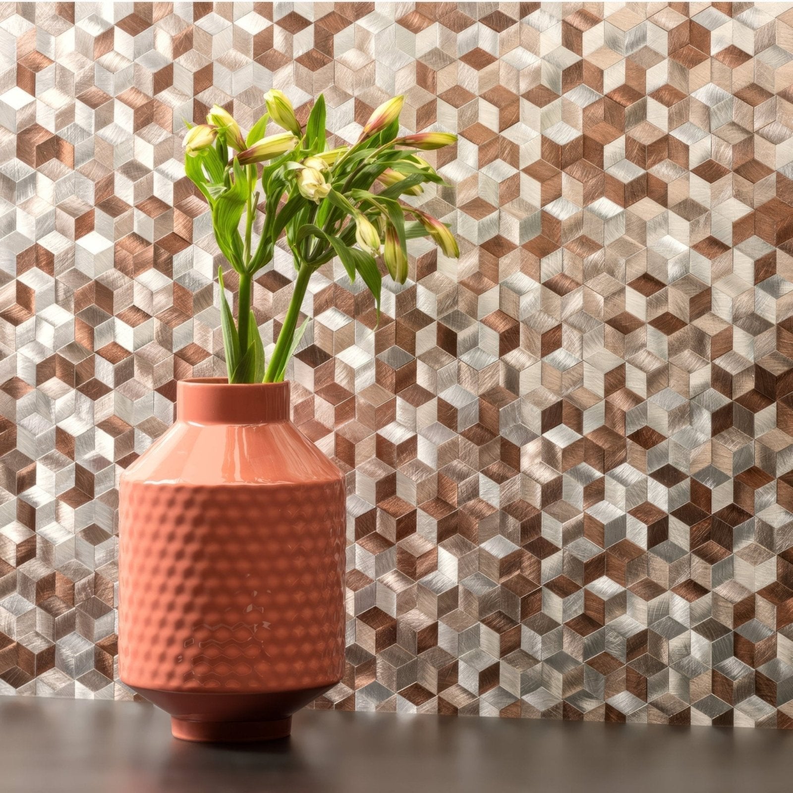 Astral Copper Aluminium Mosaic copper and silver hexagonal aluminium mosaic styled with a terracotta vase