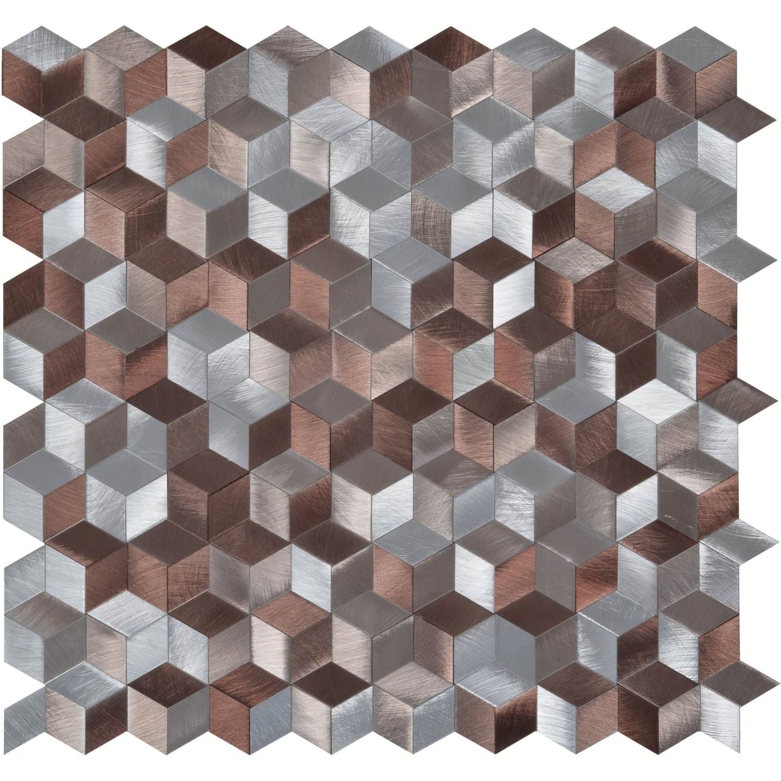 Metallic astral copper aluminium mosaic tile panel with hexagonal brushed finish in silver and copper shades