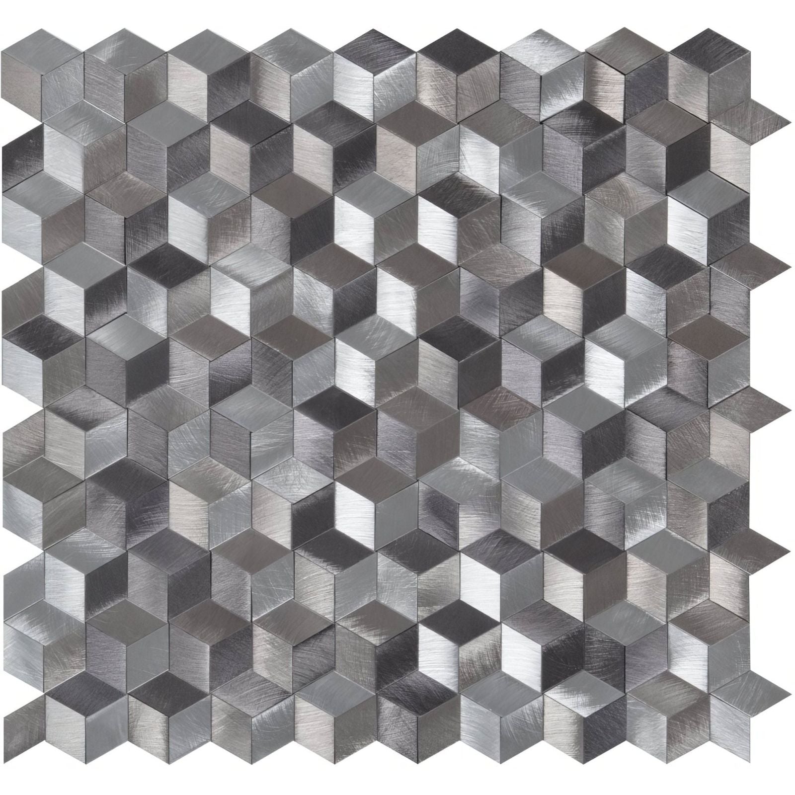 Astral silver aluminium mosaic featuring silver metallic hexagonal tiles with a brushed finish and 3d cube design