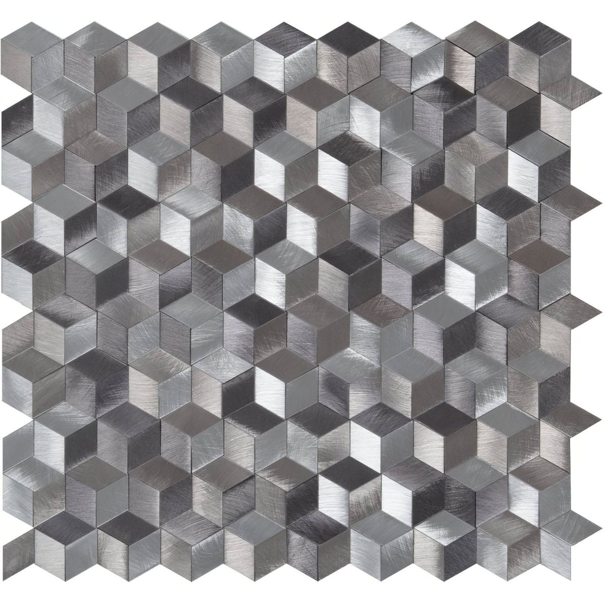 Astral silver aluminium mosaic featuring silver metallic hexagonal tiles with a brushed finish and 3d cube design