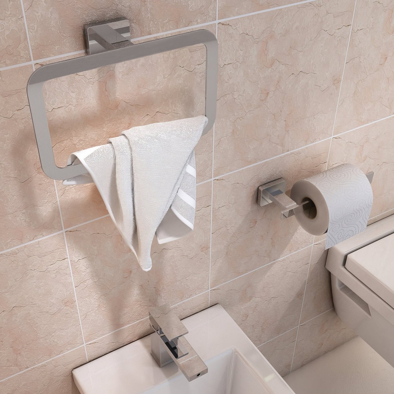 Modern chrome-finished rectangular aten open roll holder towel rack holding a white textured towel