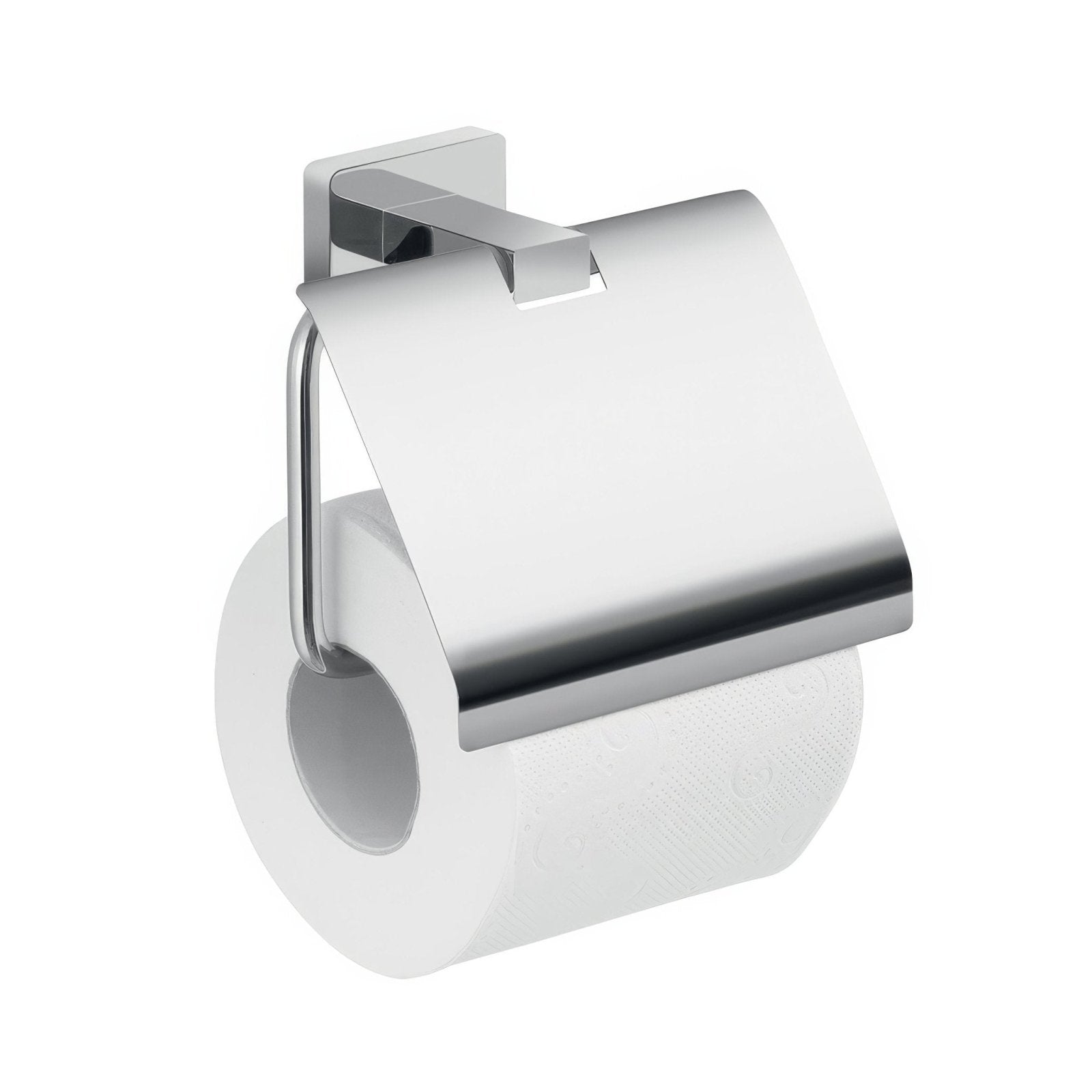 Atena toilet roll holder with flap chrome finish holding a standard white roll in a sleek minimalist design