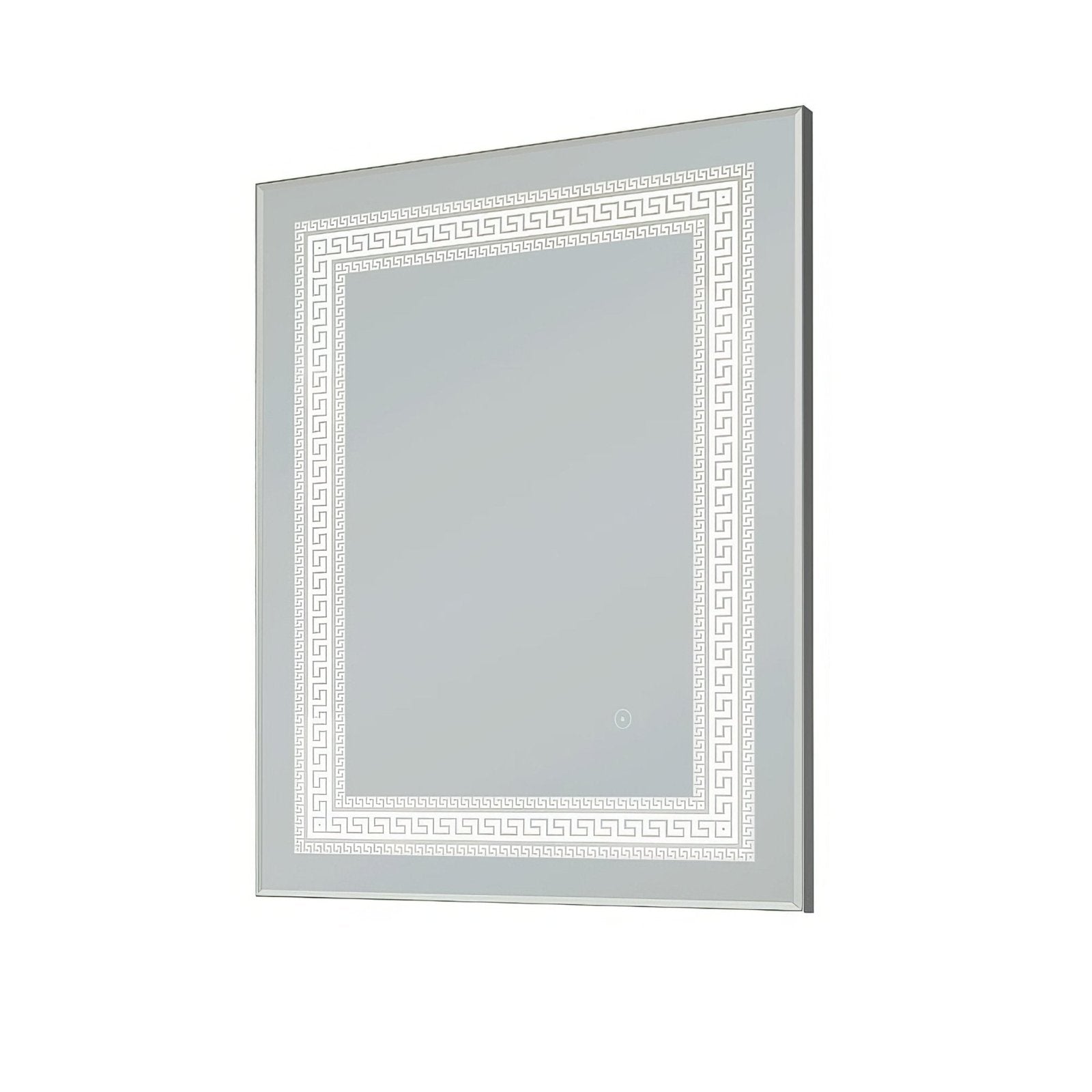 Square-shaped illuminated bathroom mirror athenian mirror with sleek silver frame and white greek key pattern border