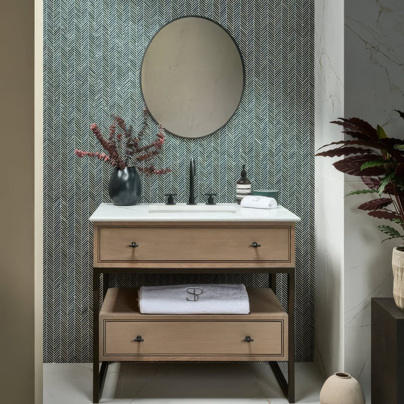 Light wood vanity with black metal legs and handles white countertop and round mirror for athens amazon marble mosaic bathroom