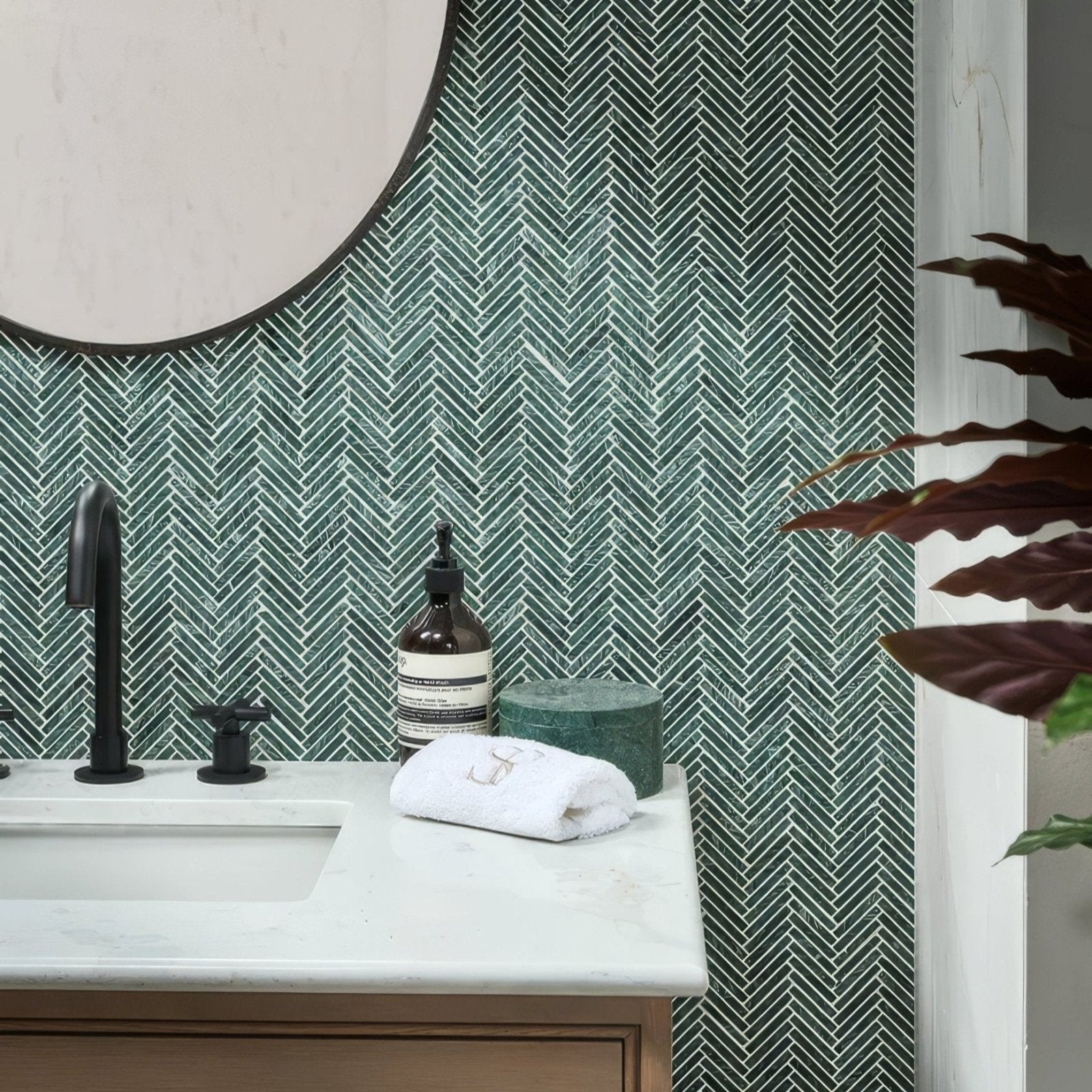 Green herringbone mosaic tile backsplash made of athens amazon marble for decorative wall use