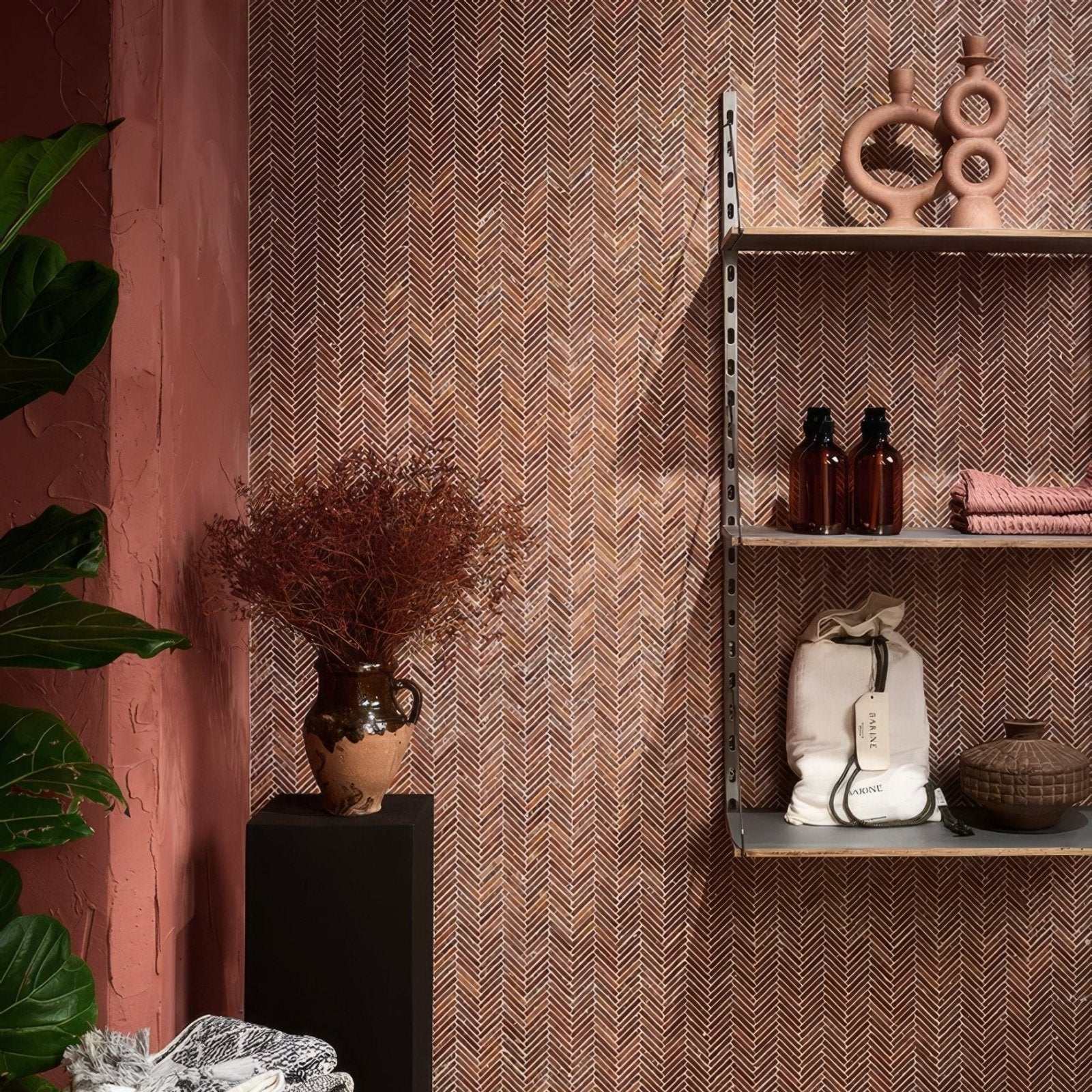 Earthenware vase with speckled brown and beige glaze and rustic handle featured in Athens Rosso Travertine Mosaic product