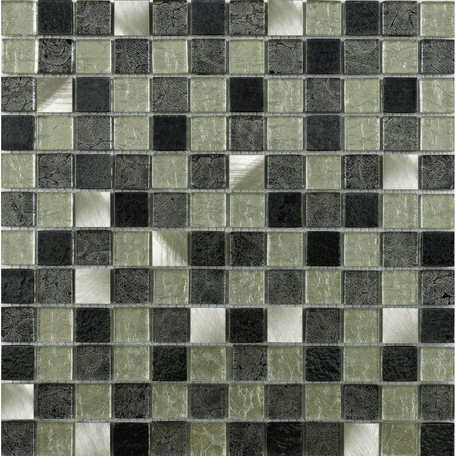 Atlas fusion glass and metal mix mosaic tiles featuring black olive green and silver metallic textured squares