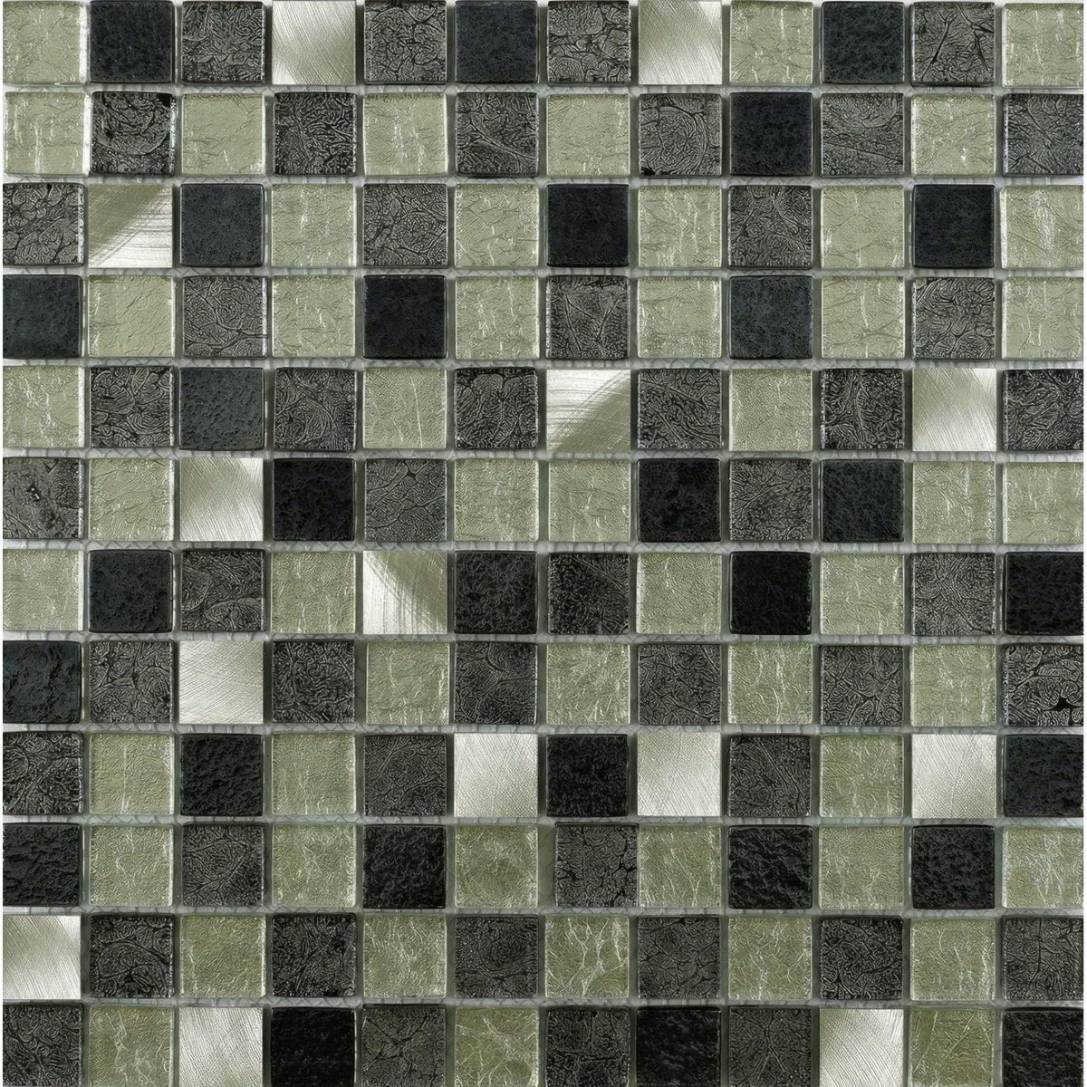 Atlas fusion glass and metal mix mosaic tiles featuring black olive green and silver metallic textured squares