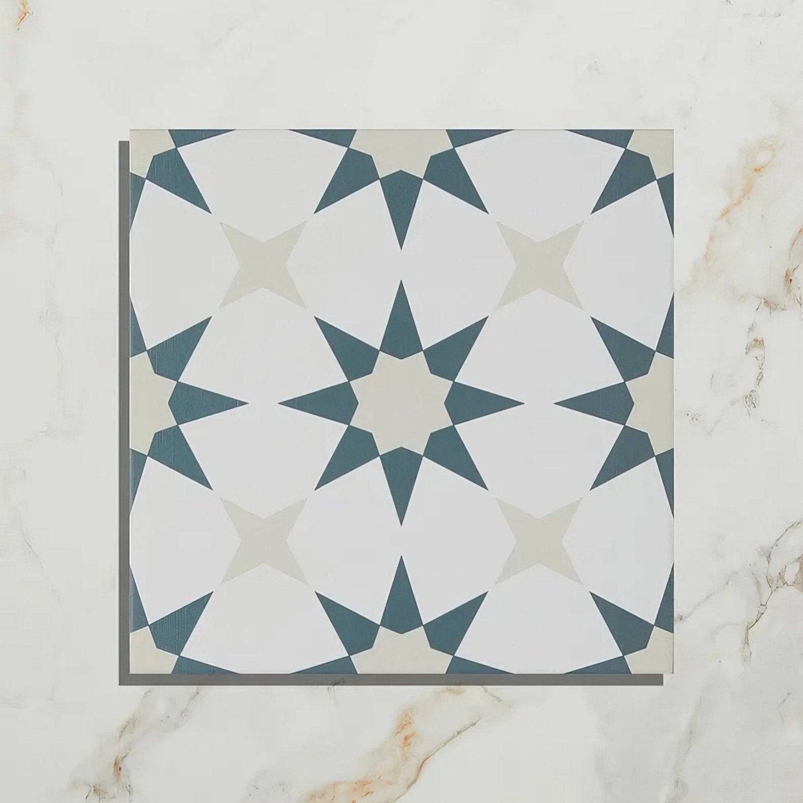 Square ceramic tile atlas porcelain denim with geometric star pattern in white light gray and dark teal colors