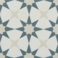 Geometric atlas porcelain denim tile featuring a repeating star pattern in white slate blue and beige