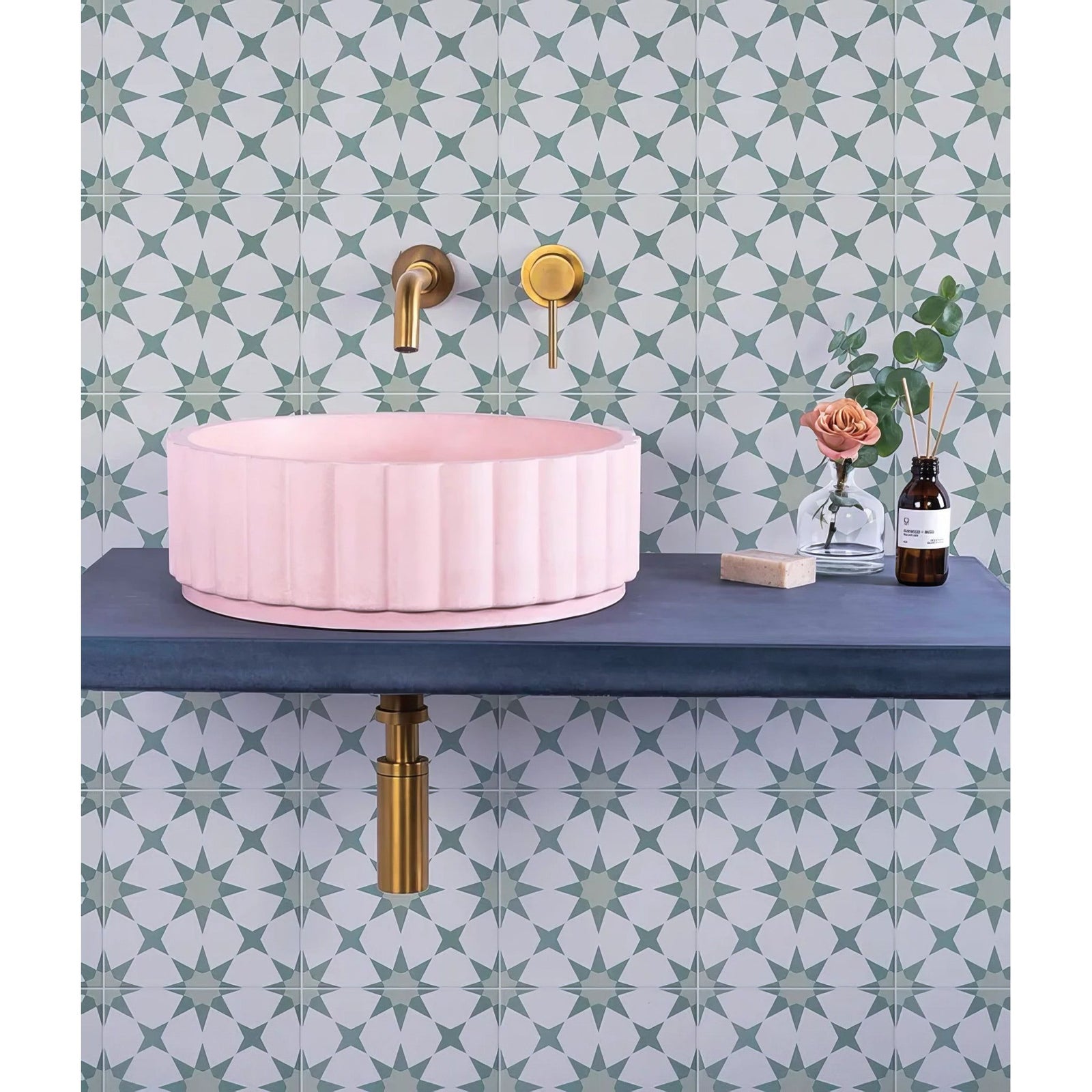 Pink ribbed ceramic vessel sink in atlas porcelain green product showcasing textured design and durable material
