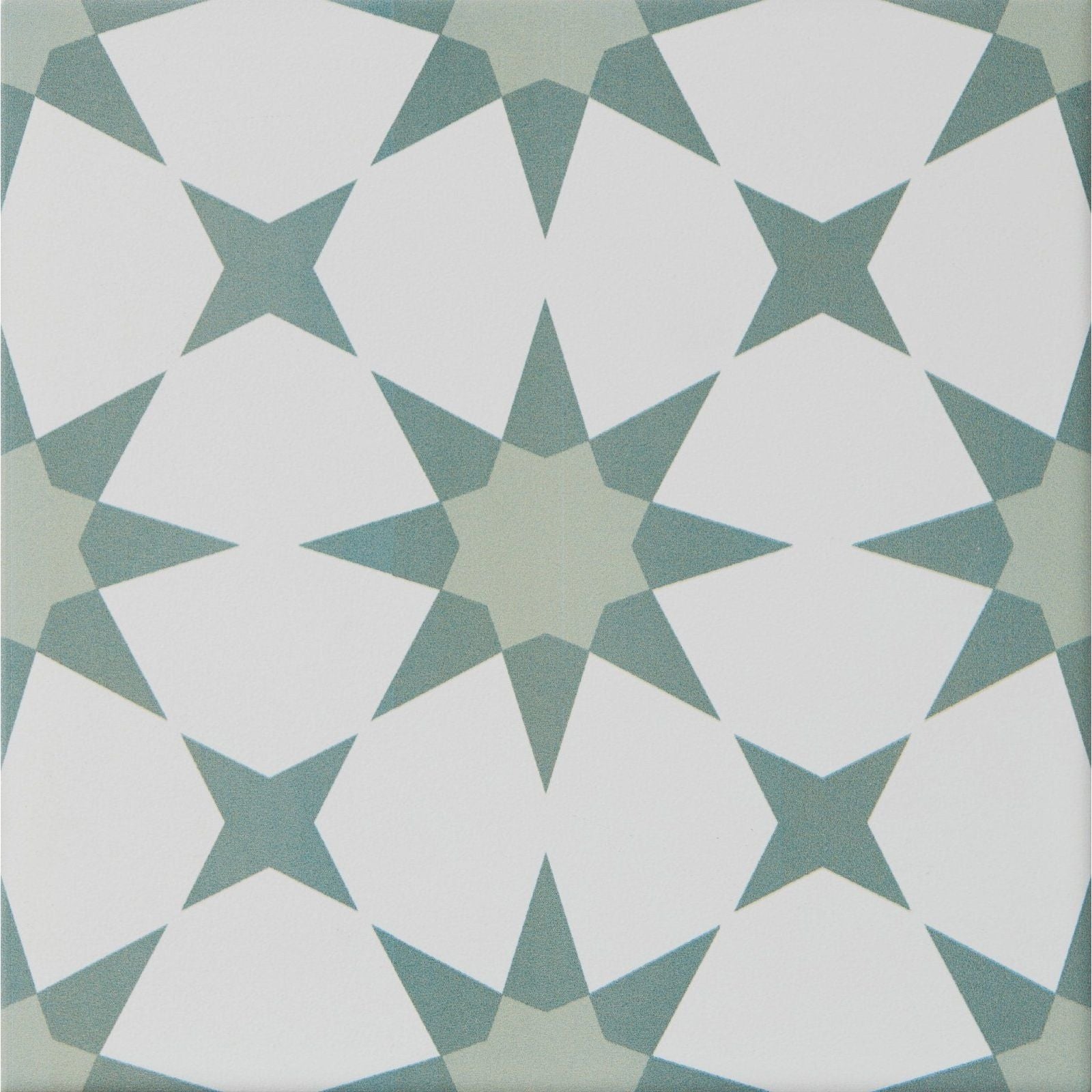 Atlas porcelain green tile with geometric star pattern in muted teal and white ideal for indoor flooring