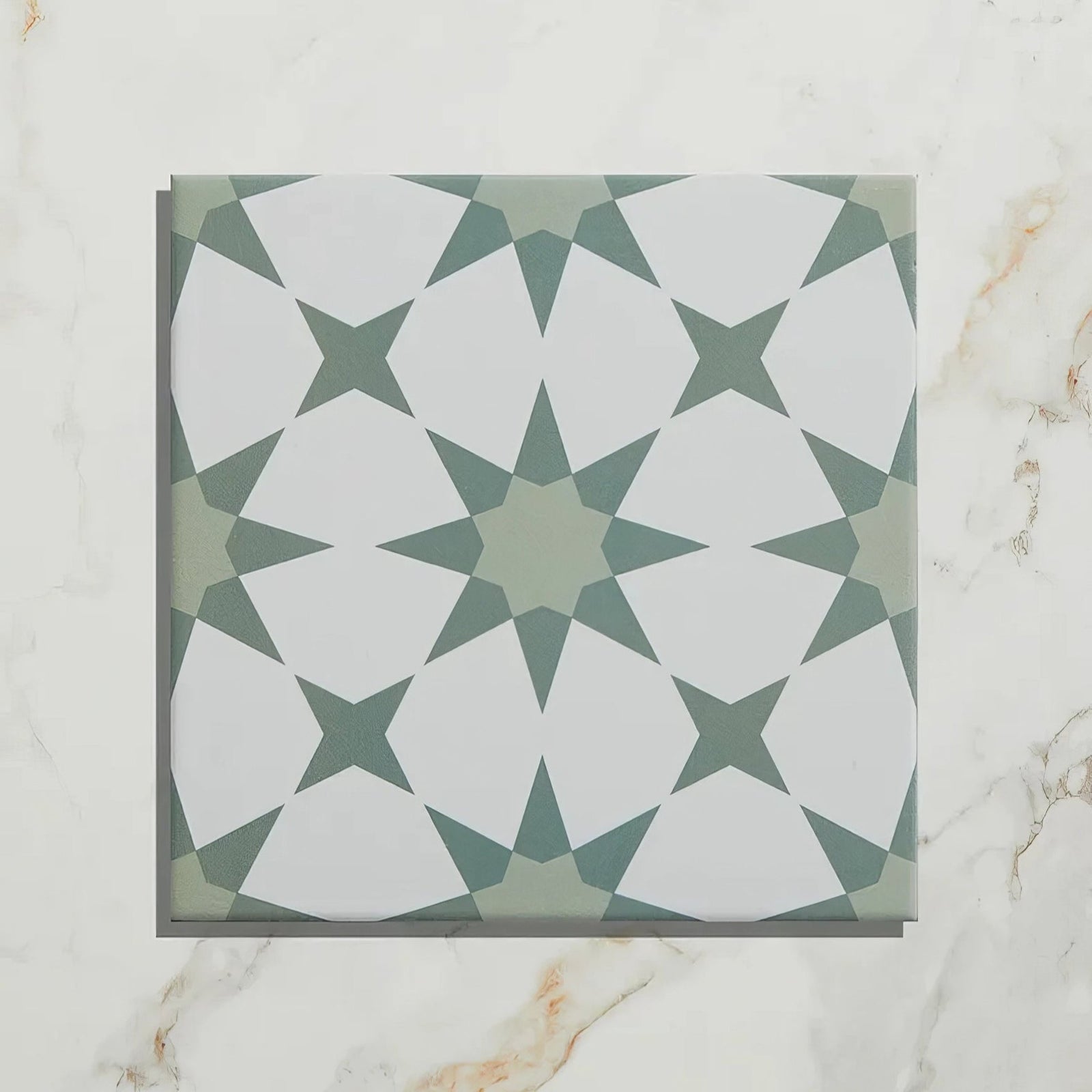 Square porcelain tile atlas porcelain green with white and sage green star geometric pattern ceramic surface
