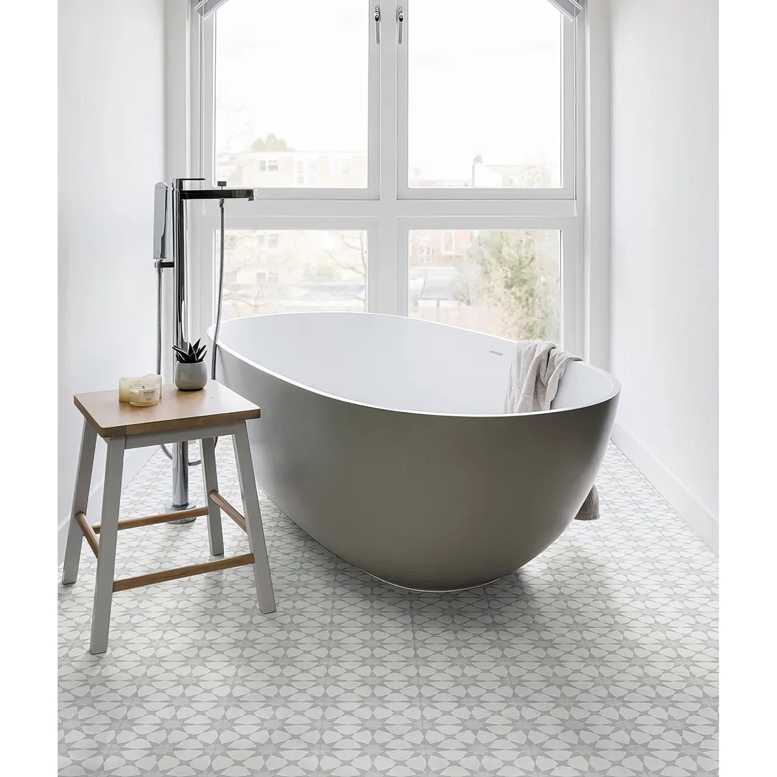 Modern freestanding bathtub atlas porcelain soft grey with sleek matte gray finish and smooth oval contours