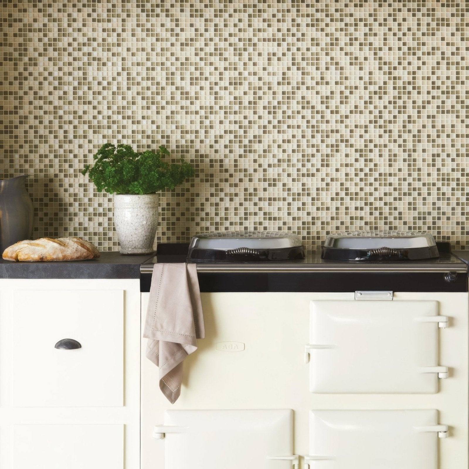 Cream-colored enamel cookstove aura mosaic with black glass top and silver handles for stylish cooking